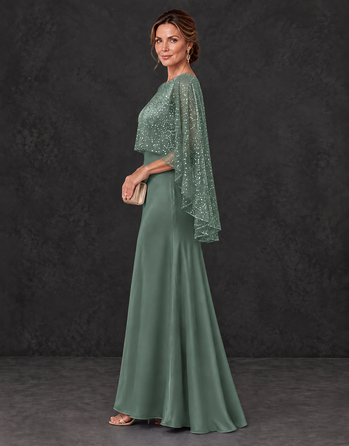 BOLODOO Eucalyptus Sparkle Cape Sleeve Mother of the Bride Dress - Eucalyptus - Eucalyptus_3