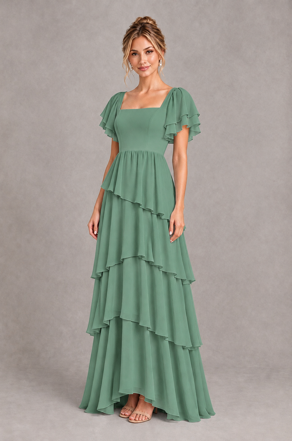 BOLODOO Eucalyptus Square Neck Flutter Sleeve Tiered Chiffon Bridesmaid Dress with Lace-Up Back - Eucalyptus - Eucalyptus_3