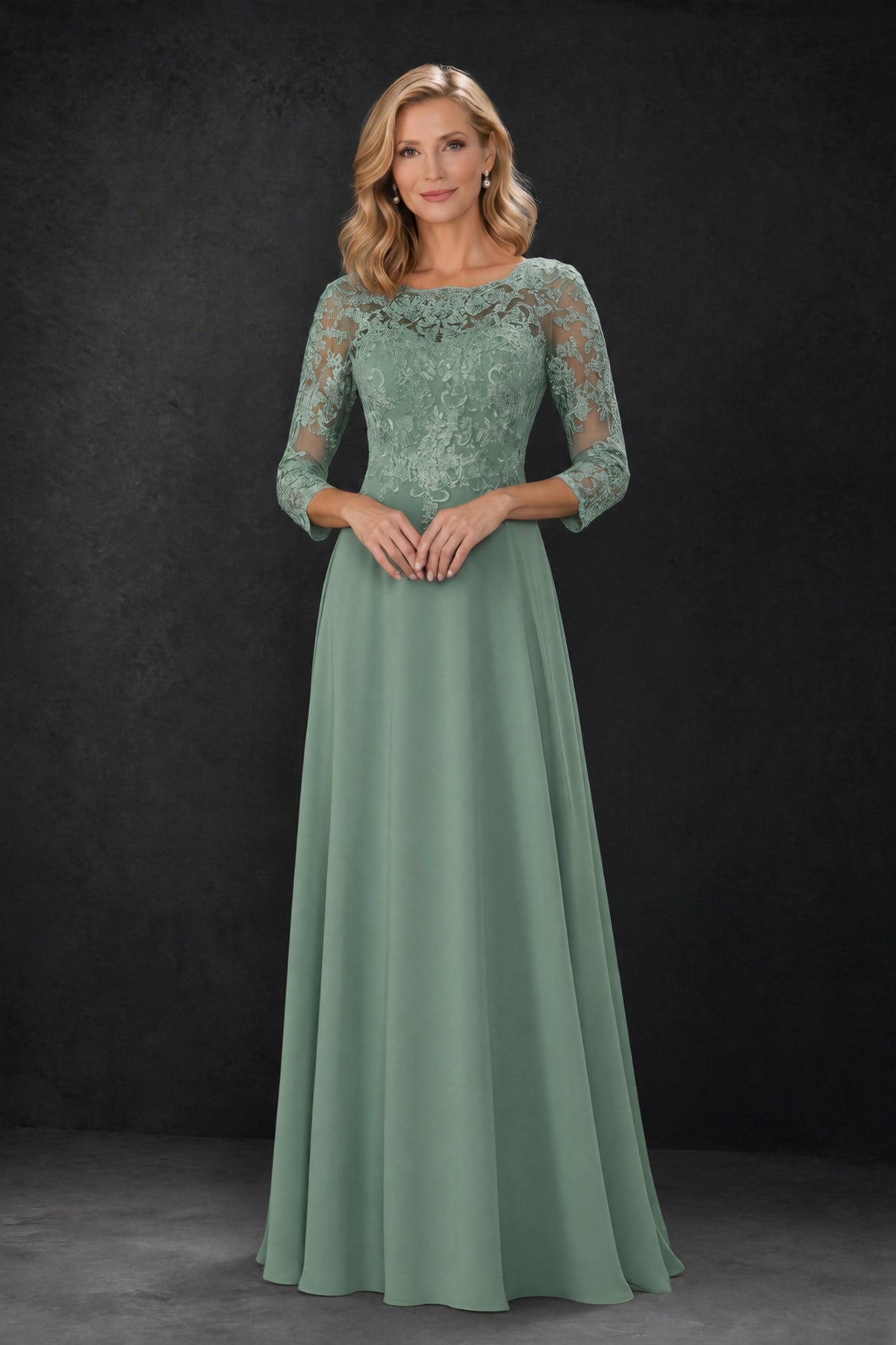 BOLODOO Eucalyptus Lace Embroidered Mother of the Bride Dress with 3/4 Sleeves - Eucalyptus