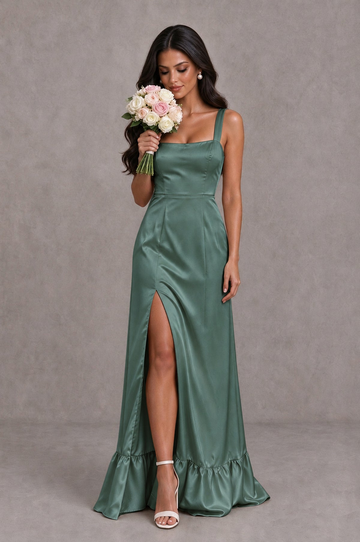 BOLODOO Eucalyptus Square Neck Satin Evening Dress with Lace-Up Back and High Slit - Eucalyptus - Eucalyptus_3