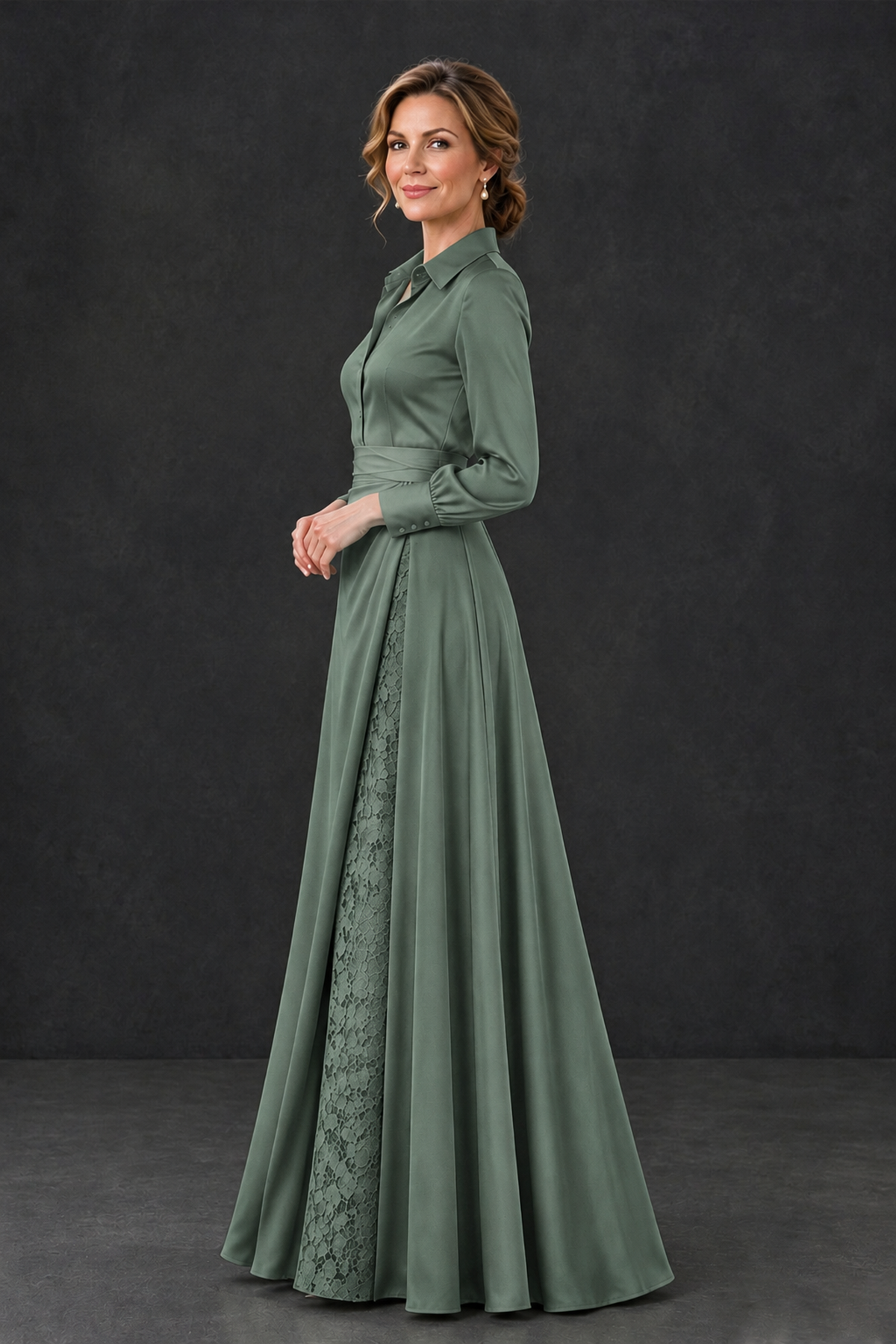 BOLODOO Eucalyptus Long Sleeve Satin-Look Lace Panel Gown - Eucalyptus - Eucalyptus_3