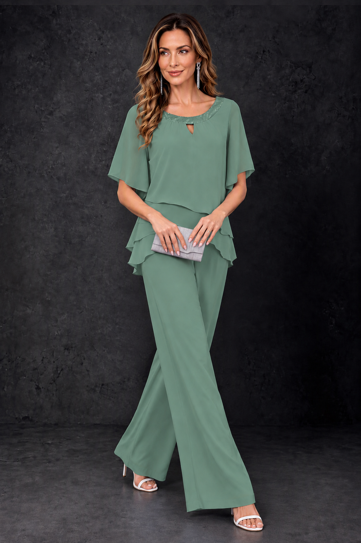 BOLODOO Eucalyptus Layered Chiffon-Look Mother of the Bride Pantsuit - Eucalyptus - Eucalyptus_3