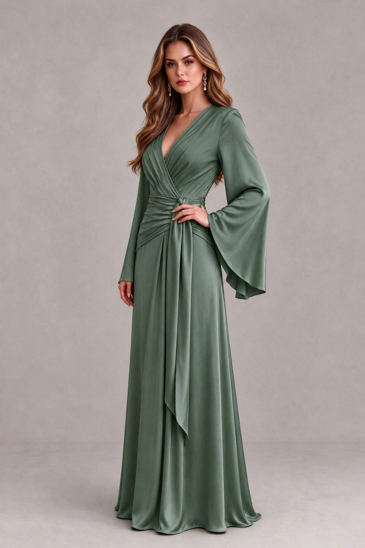 BOLODOO Eucalyptus Yellow Satin-Look V-Neck Long Bell Sleeve Evening Dress - Eucalyptus - Eucalyptus_3