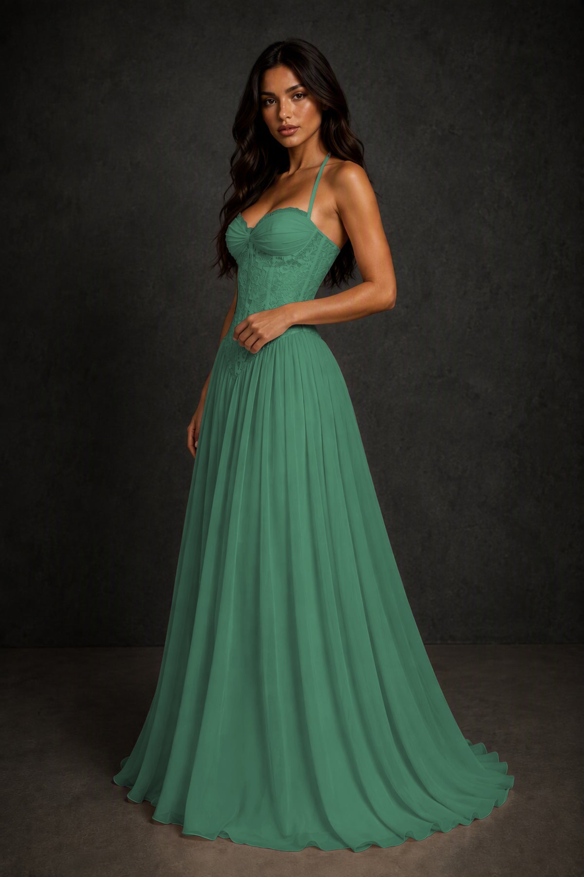 BOLODOO Eucalyptus Lace Corset Halter Maxi Gown – Backless A-Line Formal Dress - Eucalyptus
