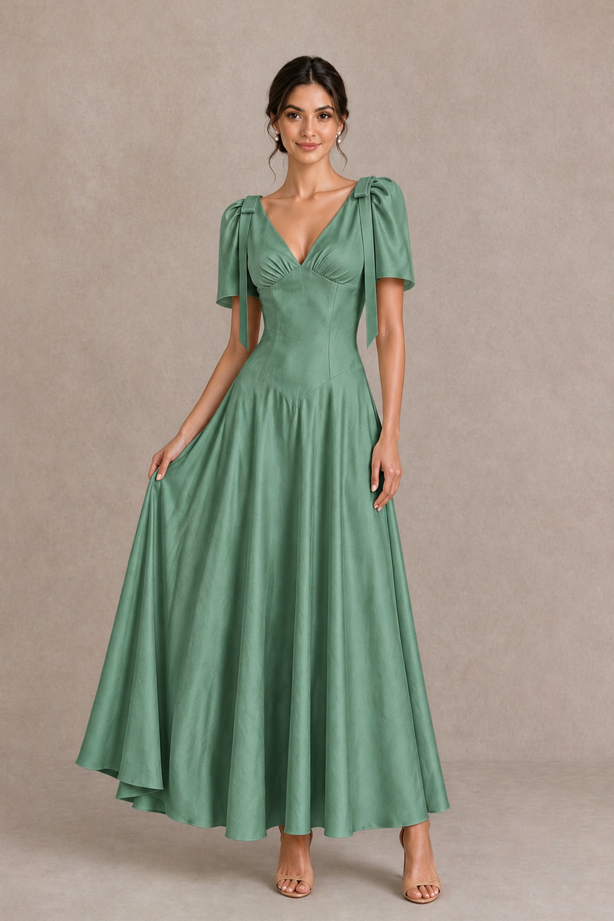 BOLODOO Eucalyptus V-Neck Short Sleeve Satin-Look Bridesmaid Dress with Shoulder Bows - Eucalyptus - Eucalyptus_3