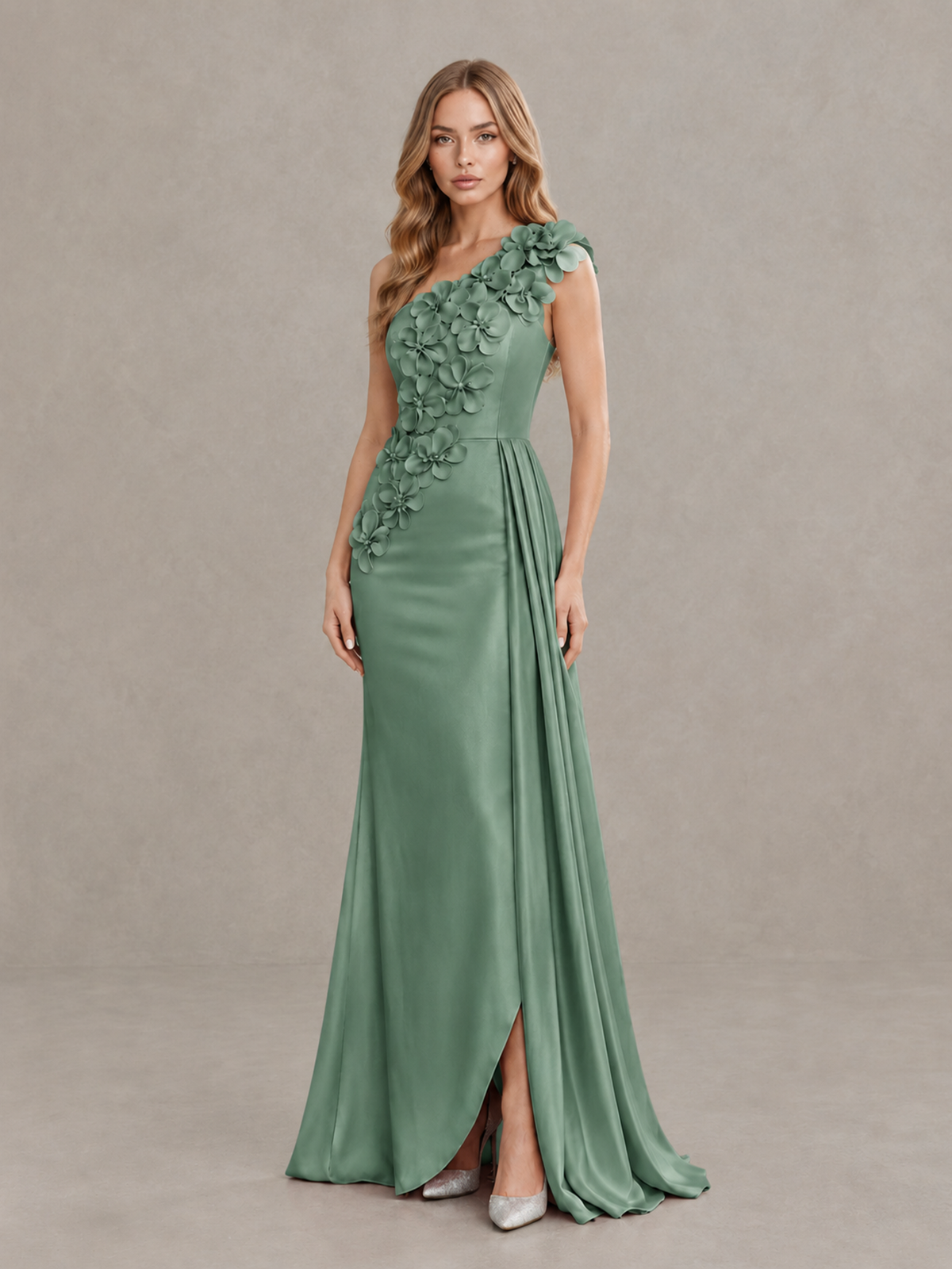 BOLODOO Eucalyptus One-Shoulder Satin Mermaid Evening Gown with 3D Floral Appliqué - Eucalyptus - Eucalyptus_3