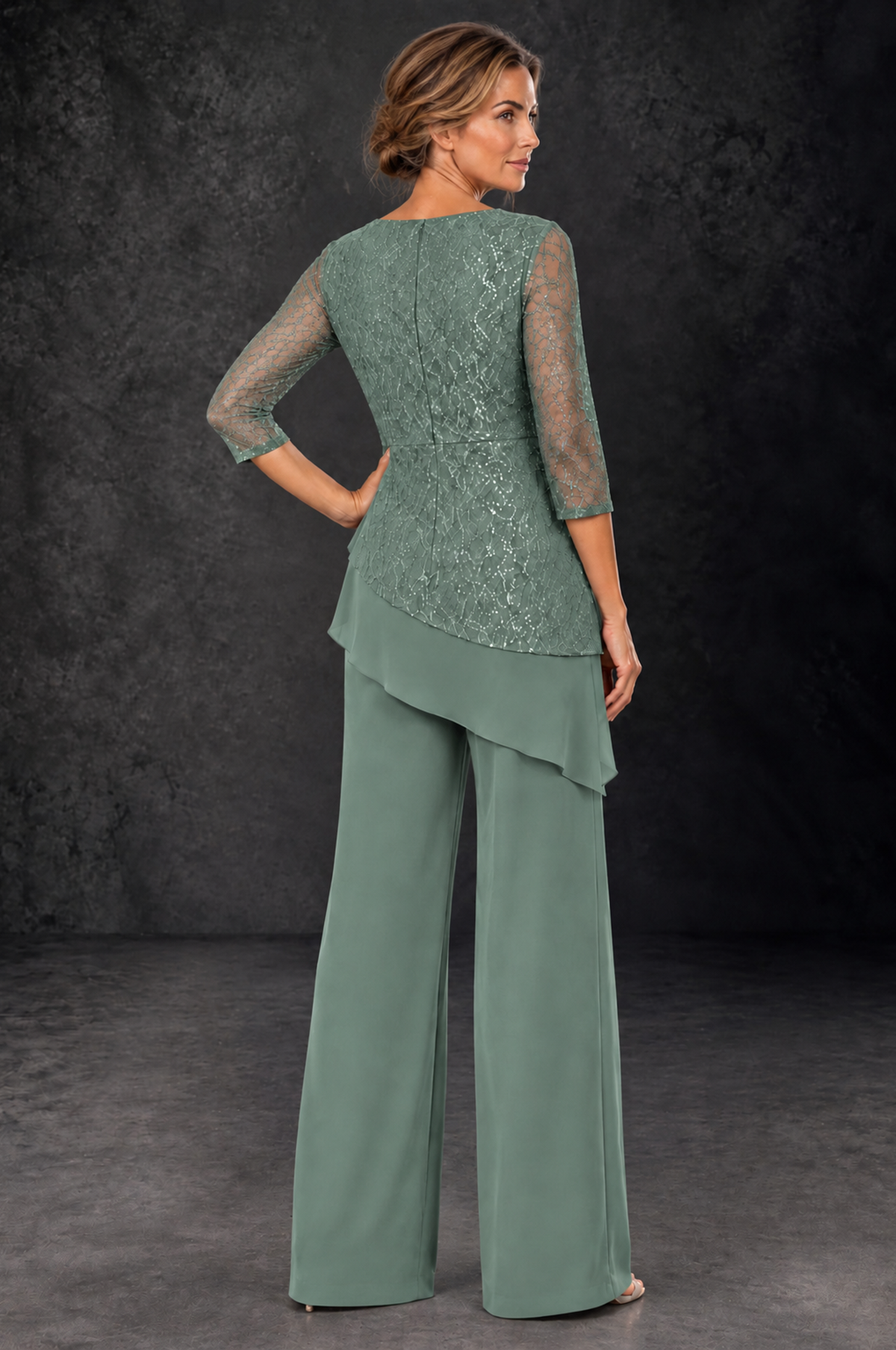BOLODOO Eucalyptus Sequin Lace 3/4 Sleeve Chiffon Mother of the Bride Pant Suit - Eucalyptus - Eucalyptus_3
