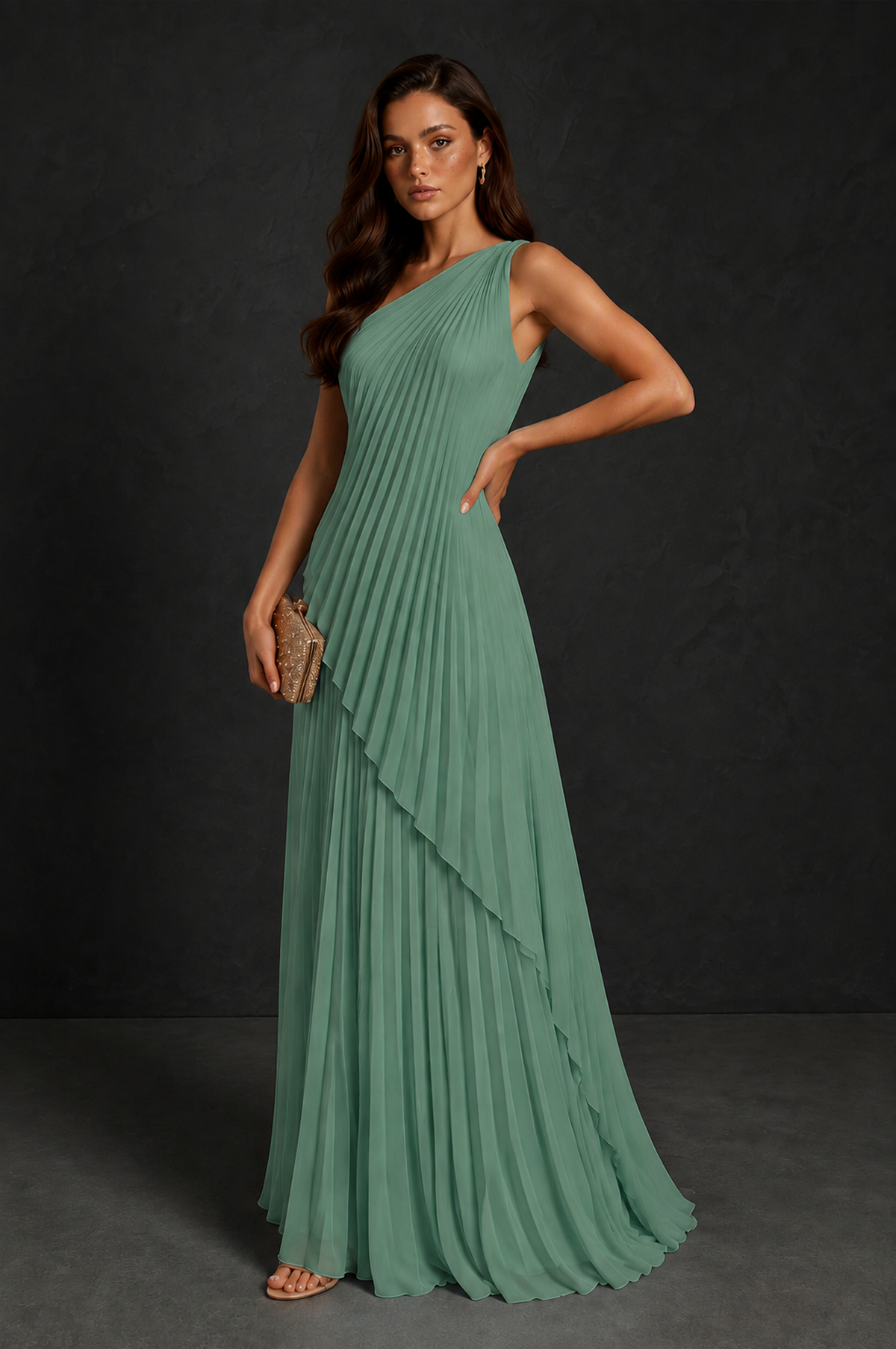 BOLODOO Eucalyptus One-Shoulder Sunburst Pleated Asymmetric Layered Overlay Accordion Pleated Chiffon Maxi Dress - Eucalyptus