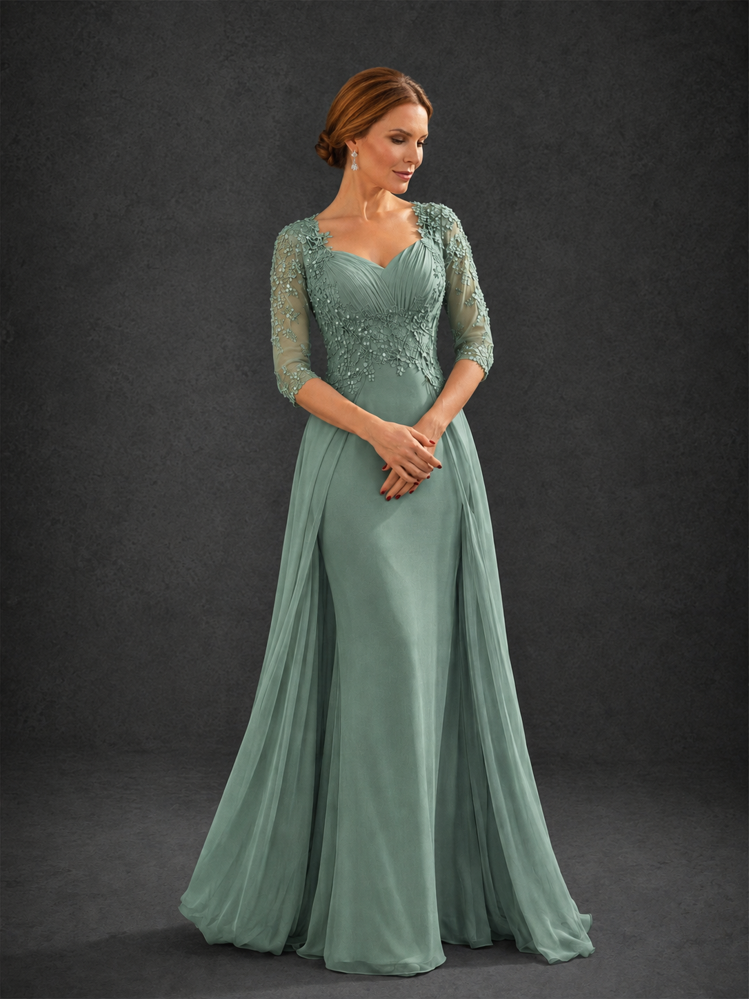 BOLODOO Eucalyptus Sweetheart Neck 3/4 Sleeve Floral Lace Illusion Bodice Chiffon A-Line Gown - Eucalyptus
