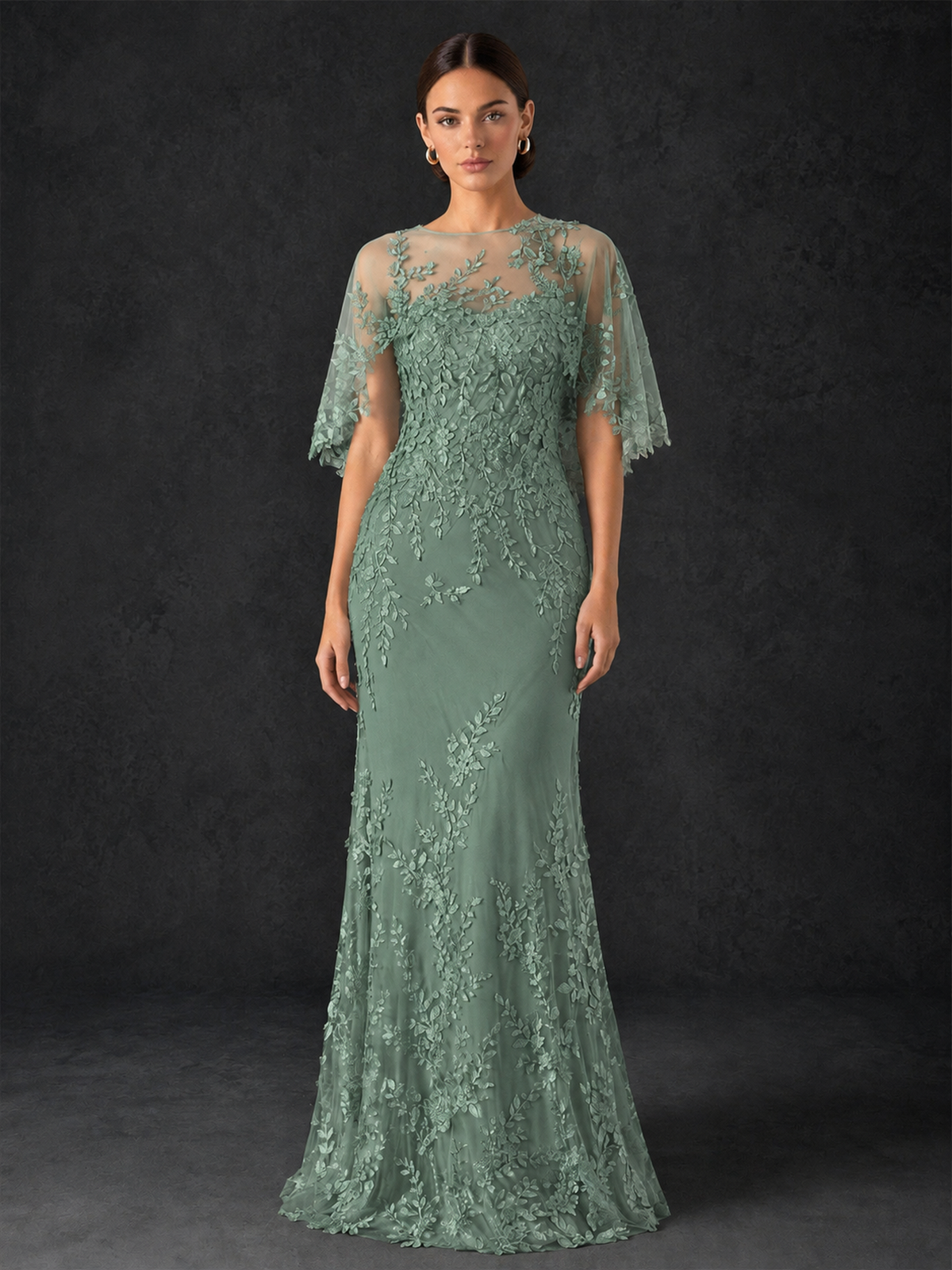 BOLODOO Mocha Rose Botanical Lace Flutter Sleeve Mermaid Gown - Eucalyptus - Eucalyptus