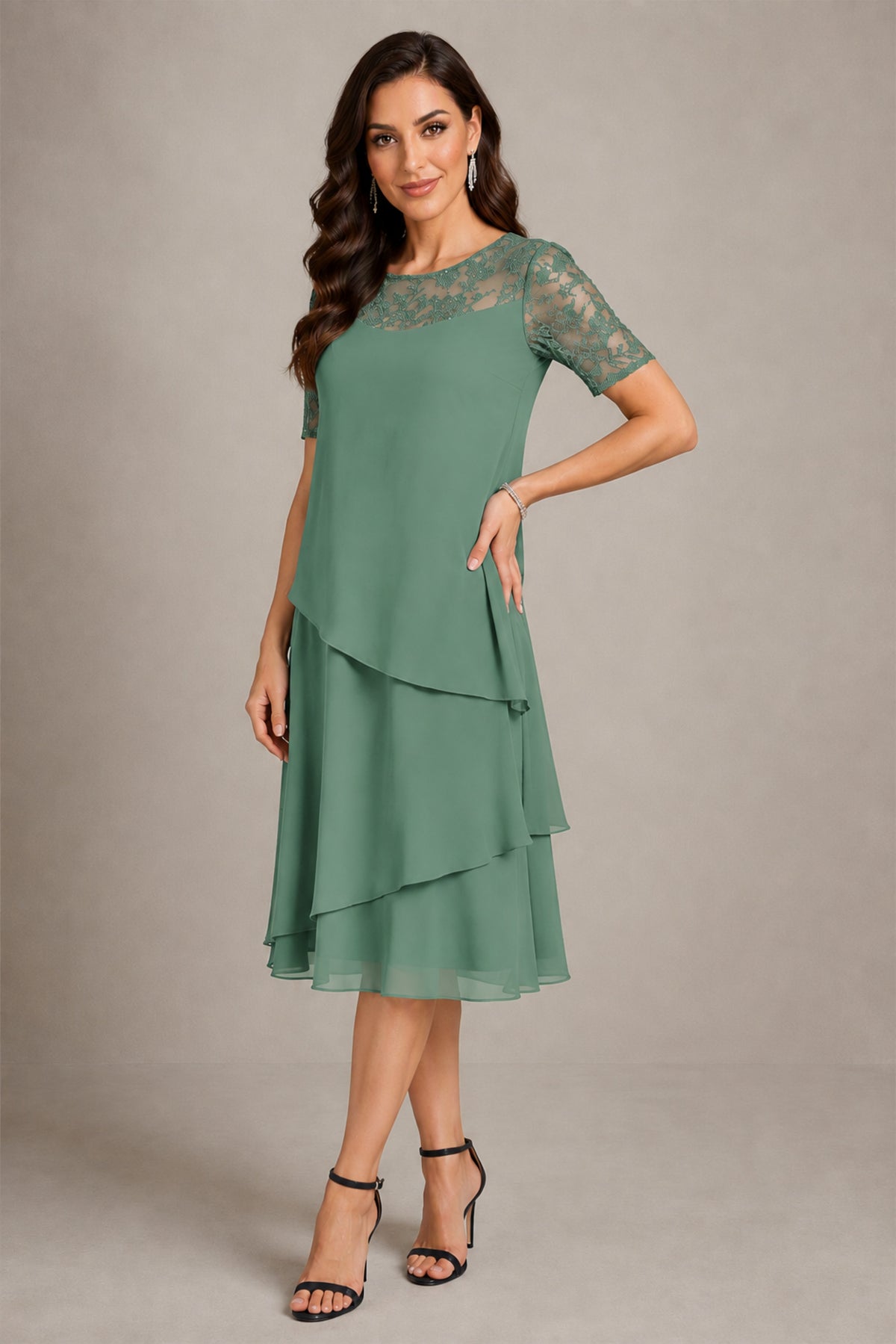 BOLODOO Eucalyptus Illusion Lace Short Sleeve Tiered Chiffon Tea Length Dress | Mother of the Bride Midi Dress - Eucalyptus
