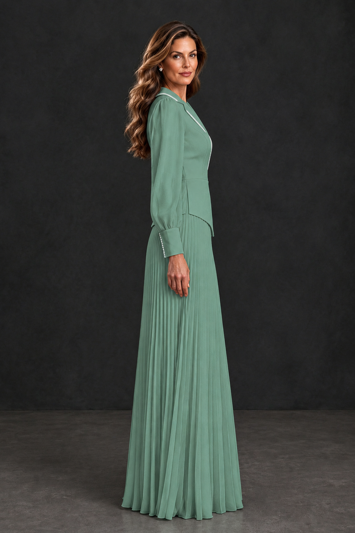 BOLODOO Eucalyptus Long Sleeve Pleated Mother of the Bride Dress - Eucalyptus - Eucalyptus_3