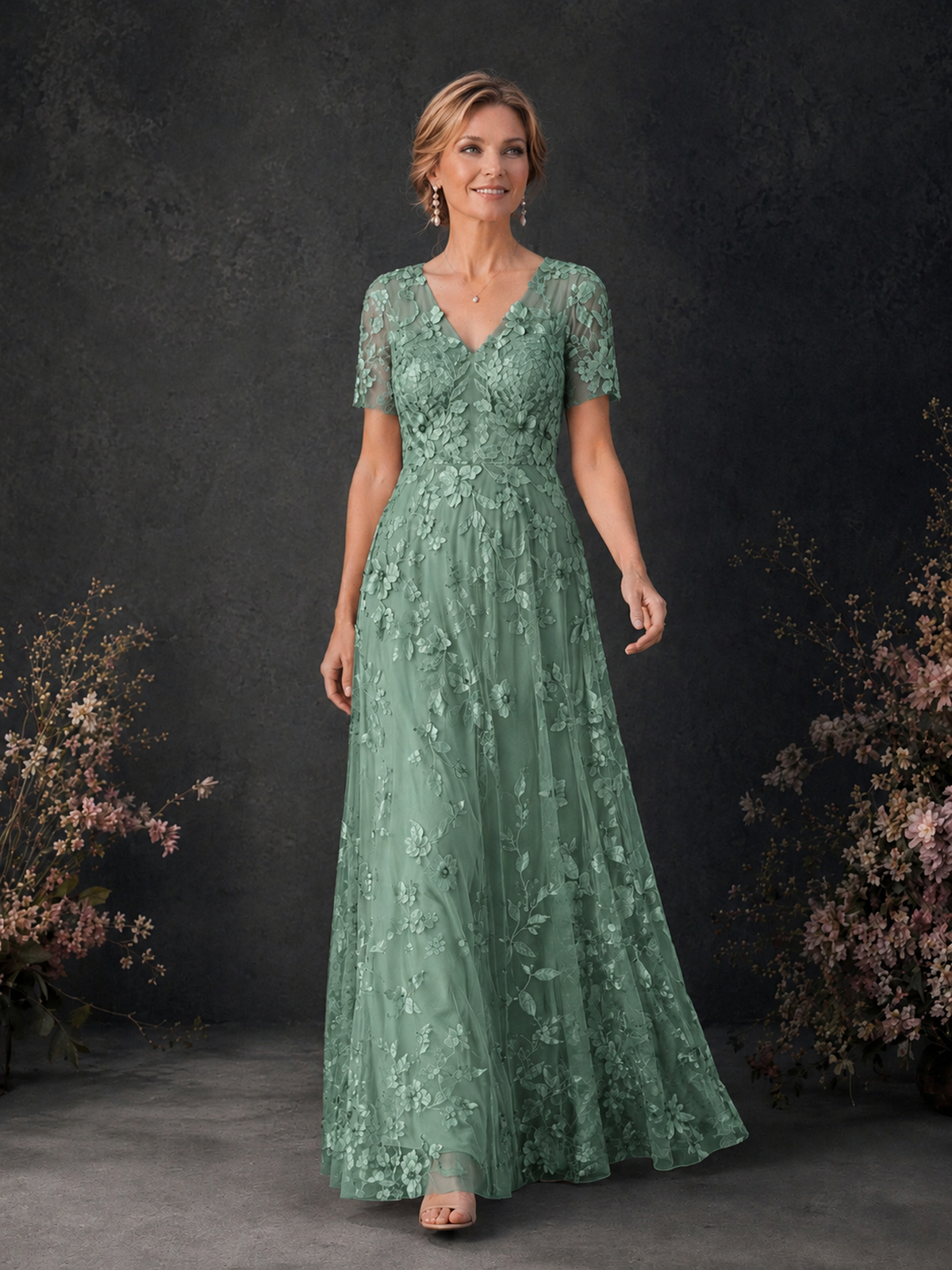 BOLODOO Eucalyptus 3D Floral Embroidered Lace V-Neck Short Sleeve A-Line Maxi Dress - Eucalyptus