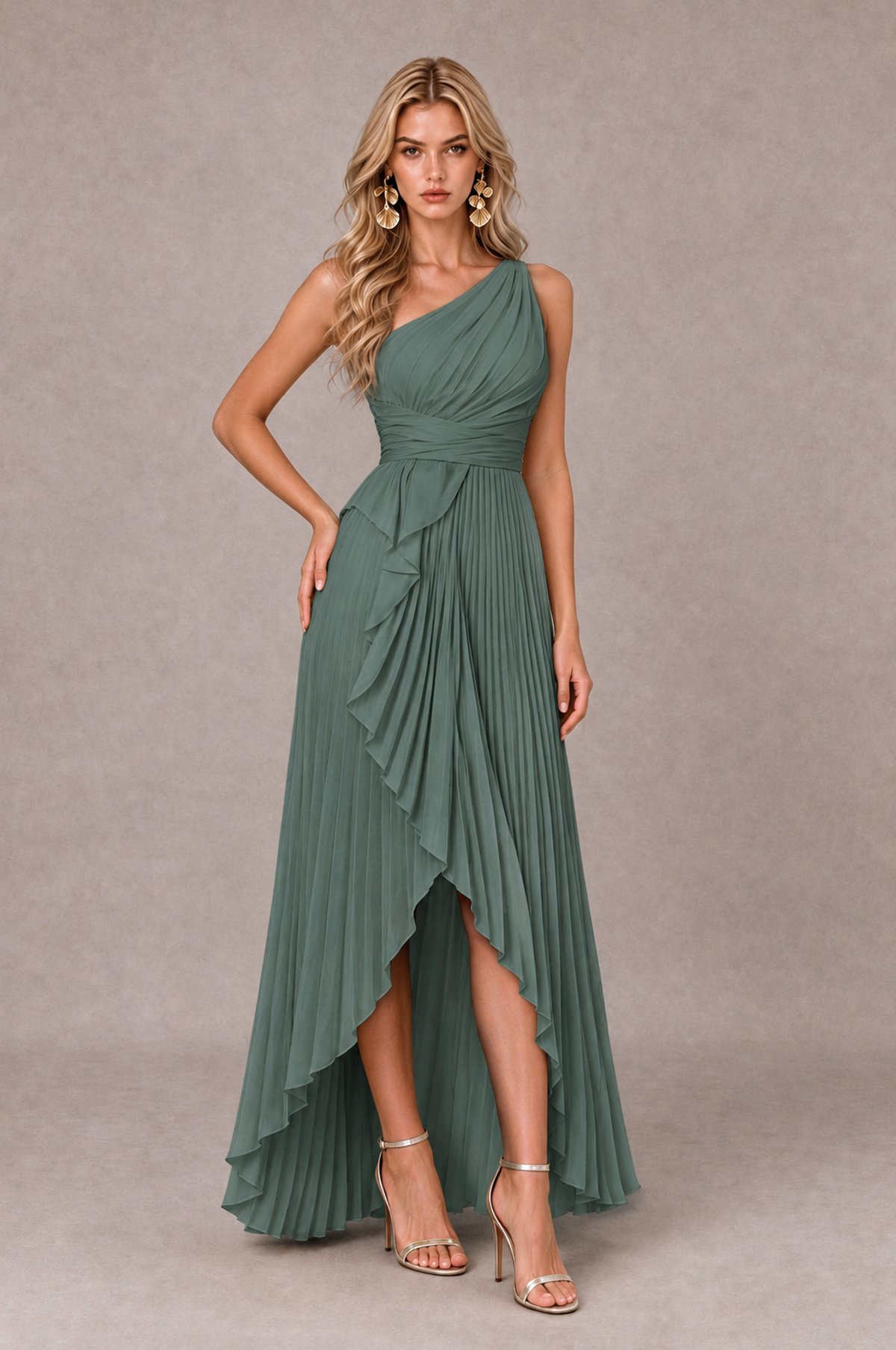 BOLODOO Eucalyptus One-Shoulder High-Low Ruffle Maxi Dress - Eucalyptus - Eucalyptus_3