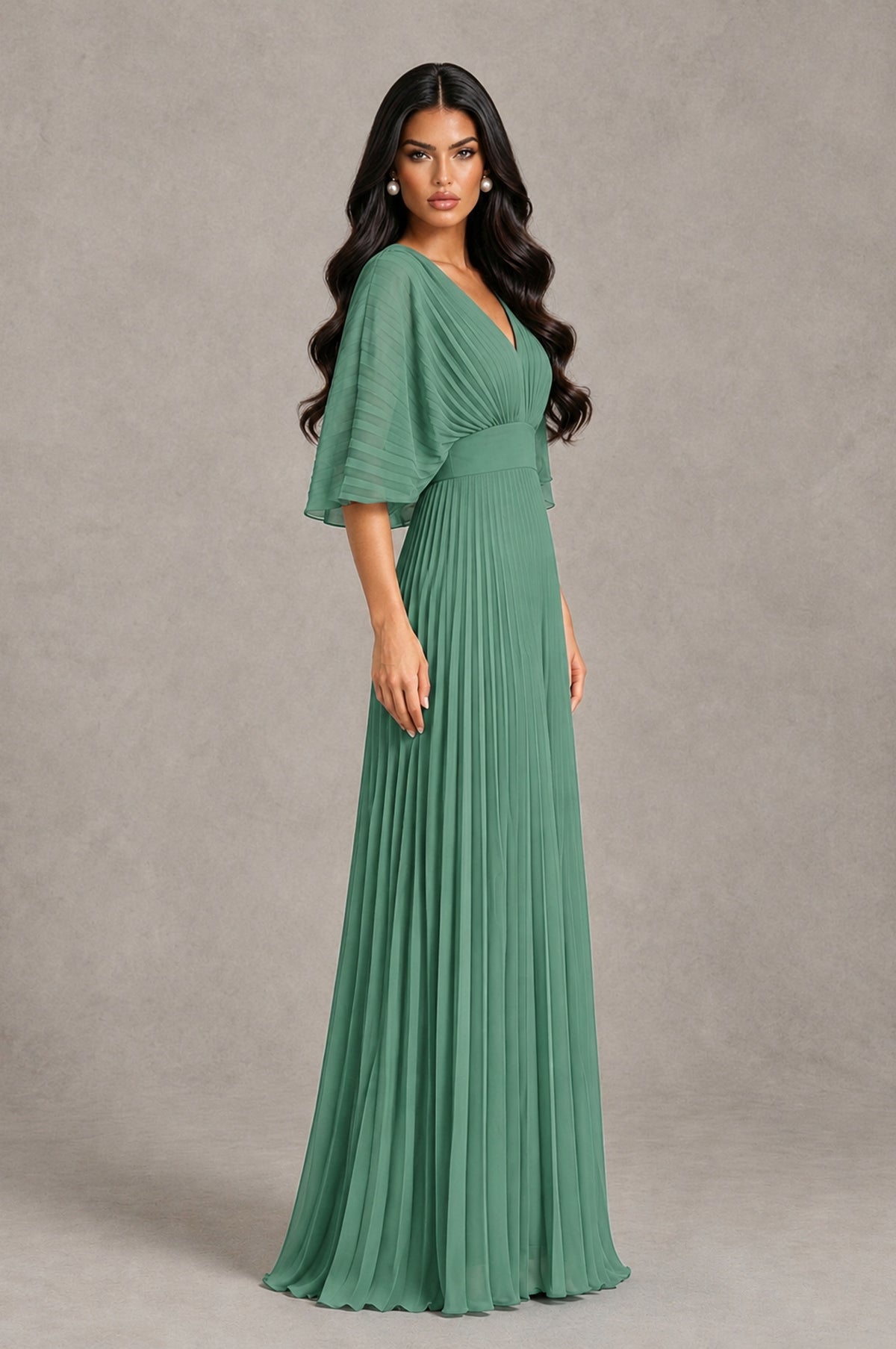 BOLODOO Eucalyptus V-Neck Pleated Flutter Sleeve Formal Dress - Eucalyptus - Eucalyptus_3