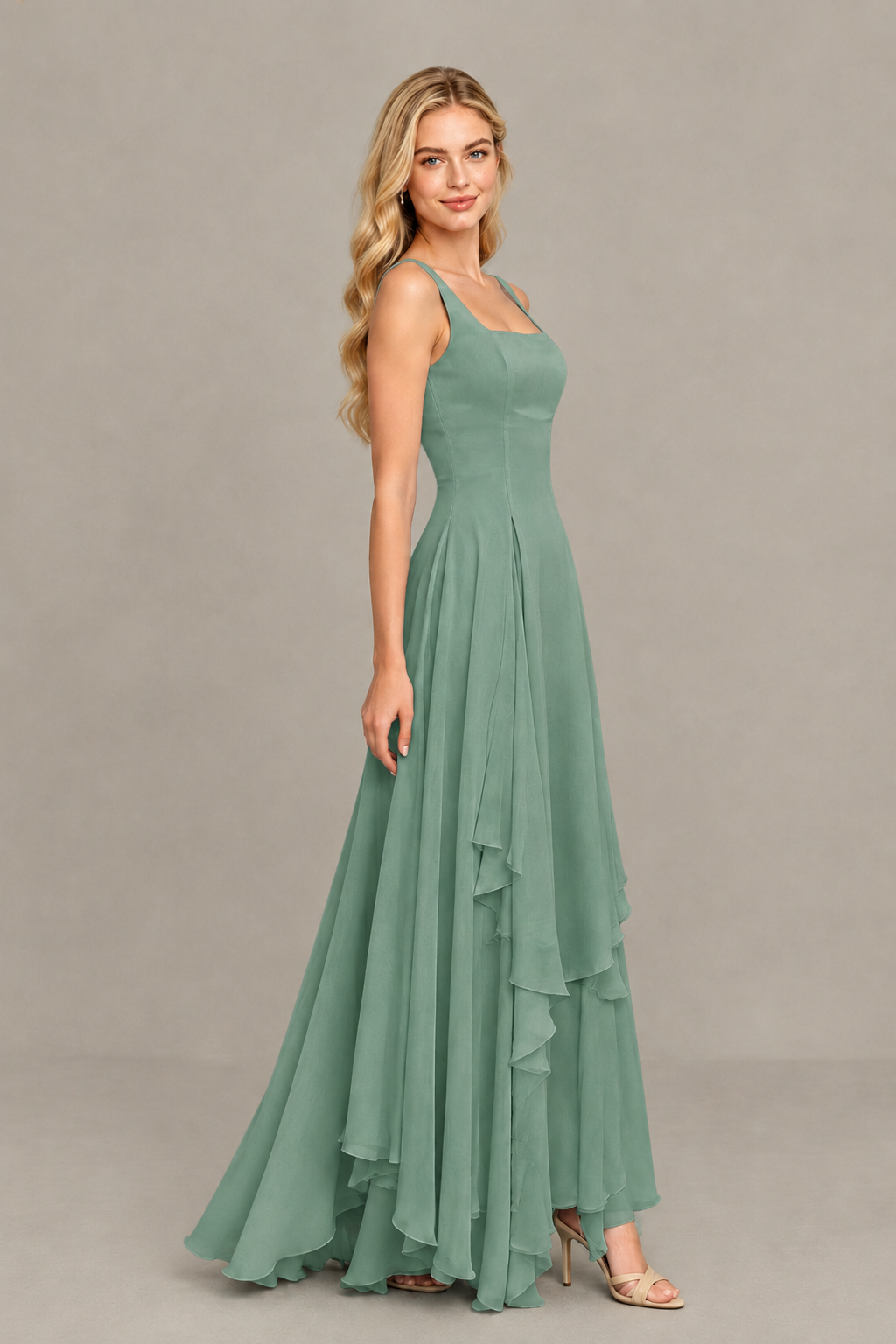 BOLODOO Eucalyptus Square Neck Chiffon Bridesmaid Dress with Lace-Up Back - Eucalyptus