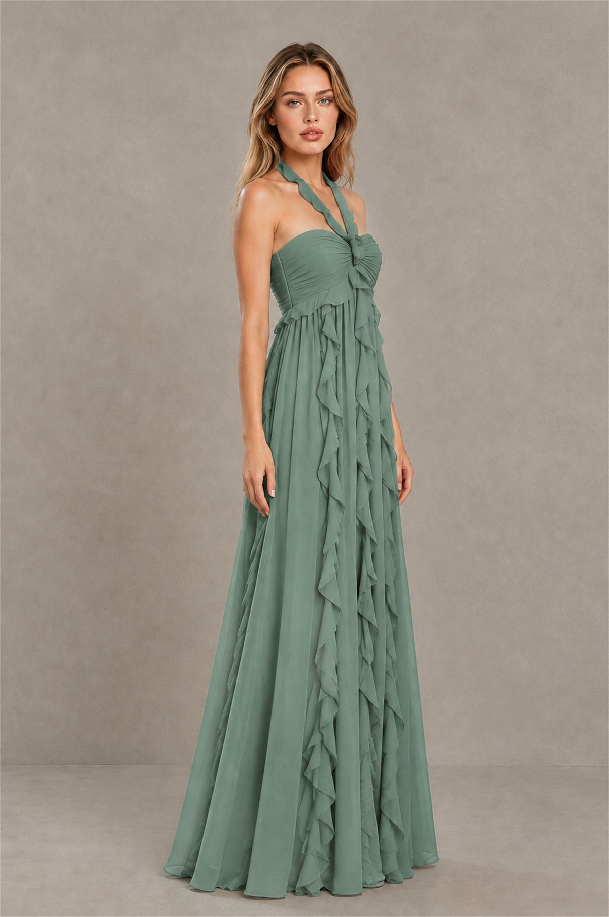 BOLODOO Eucalyptus Halter Ruffle A-Line Floor-Length Evening Dress - Eucalyptus - Eucalyptus_3