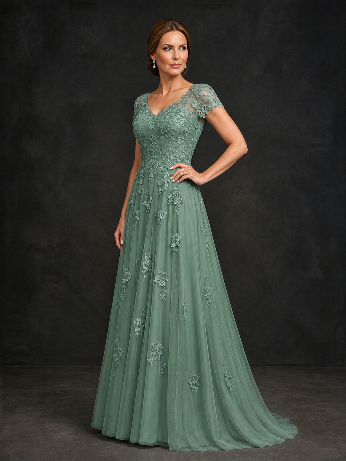 BOLODOO Eucalyptus Cap Sleeve Lace Appliqué A-Line Formal Gown | Mother of the Bride Dress - Eucalyptus - Eucalyptus_3