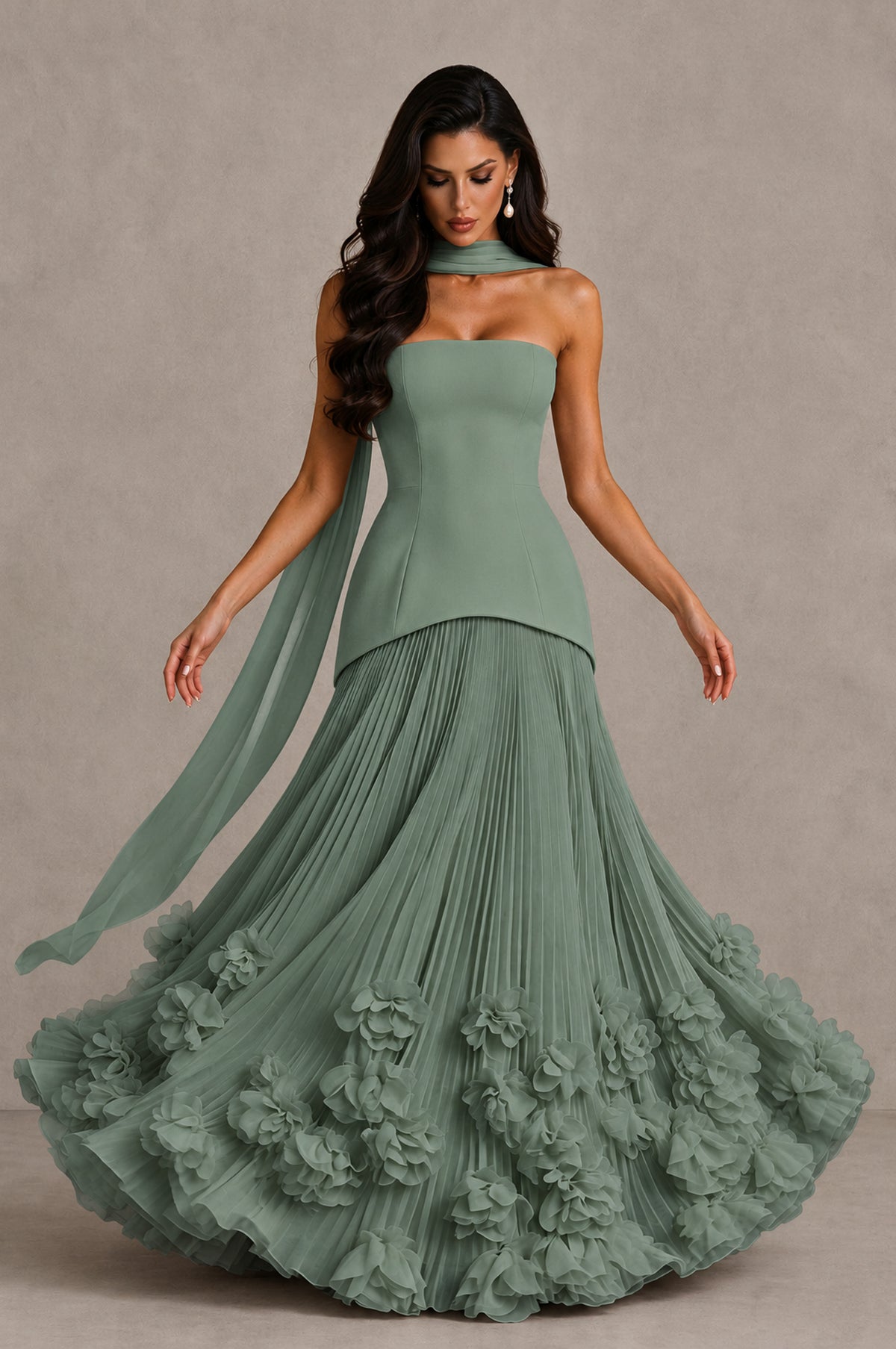 BOLODOO Eucalyptus Strapless Pleated Floral Hem Evening Gown - Eucalyptus - Eucalyptus_3