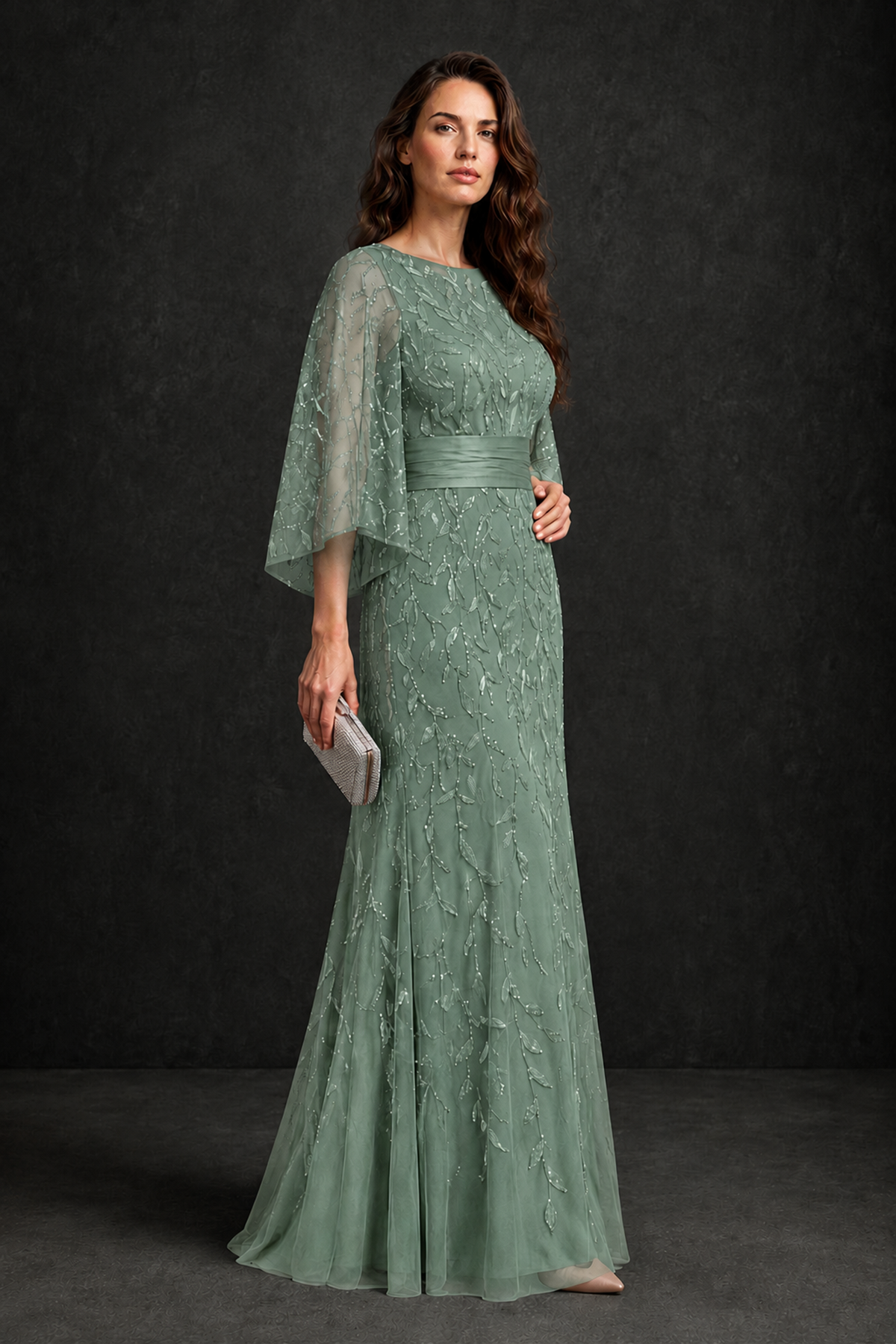 BOLODOO Eucalyptus Bateau Neck Bell Sleeve Sequin Embroidered Satin Waist A-Line Maxi Dress - Eucalyptus - Eucalyptus_3
