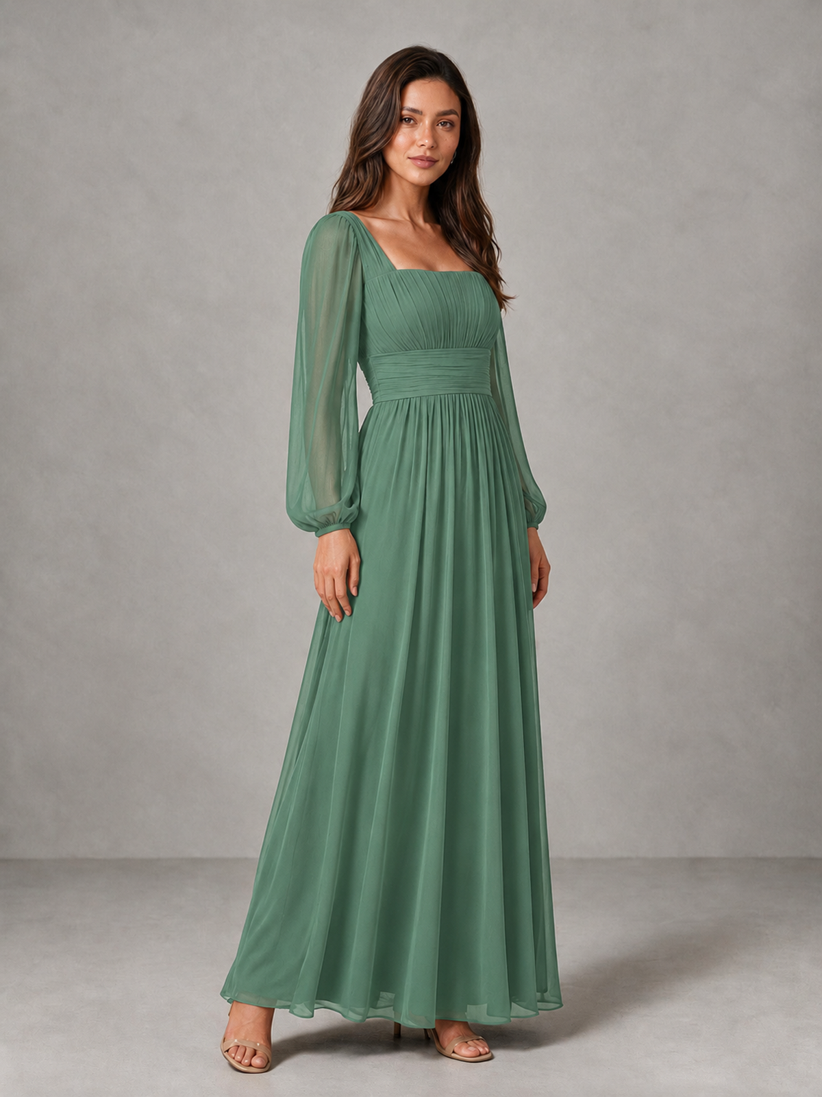 BOLODOO Eucalyptus Square Neck Long Sleeve Chiffon Bridesmaid Dress - Eucalyptus - Eucalyptus_3
