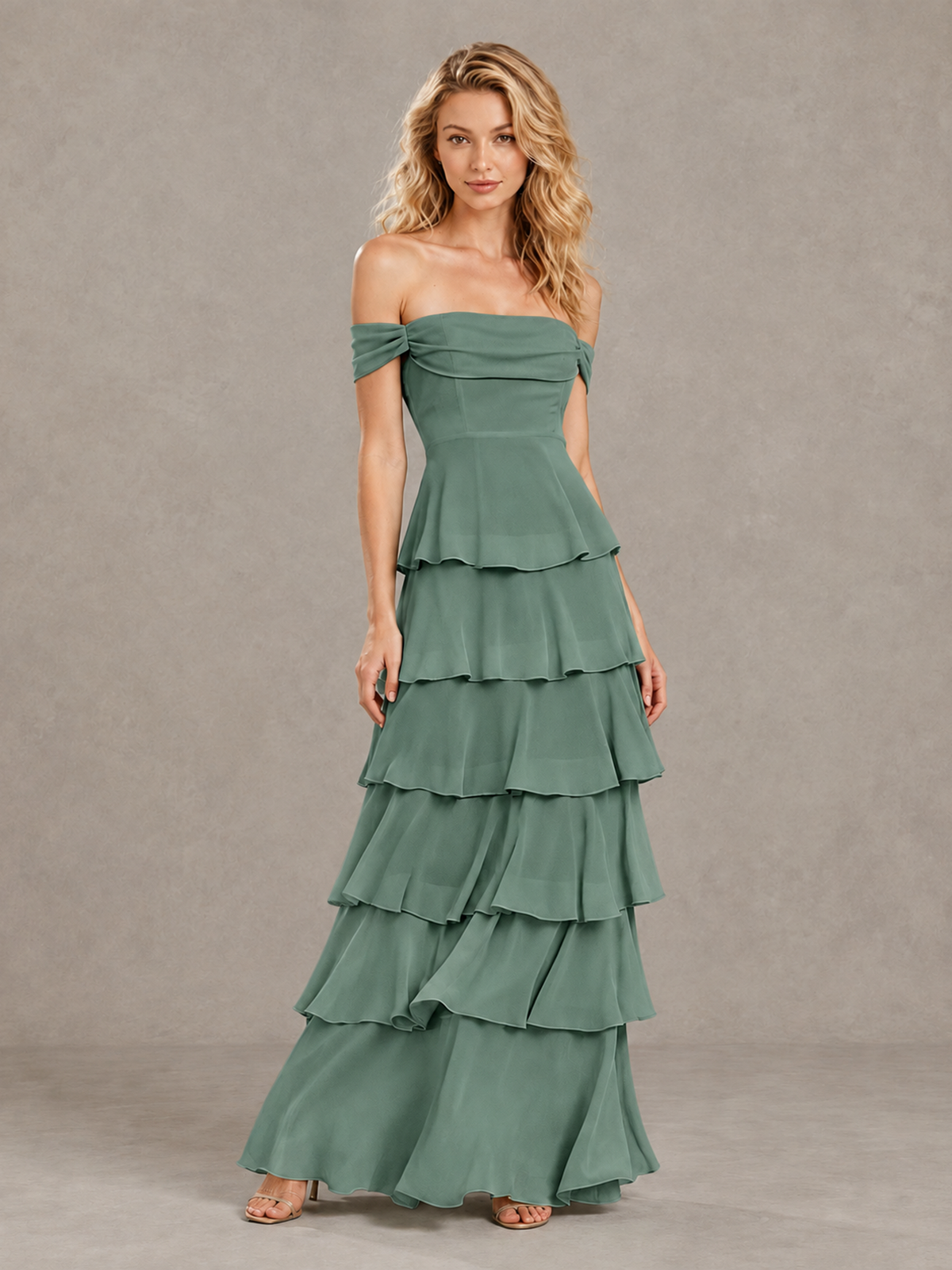 BOLODOO Eucalyptus Off-Shoulder Tiered Ruffle Bridesmaid Dress with Lace-Up Back - Eucalyptus - Eucalyptus_3