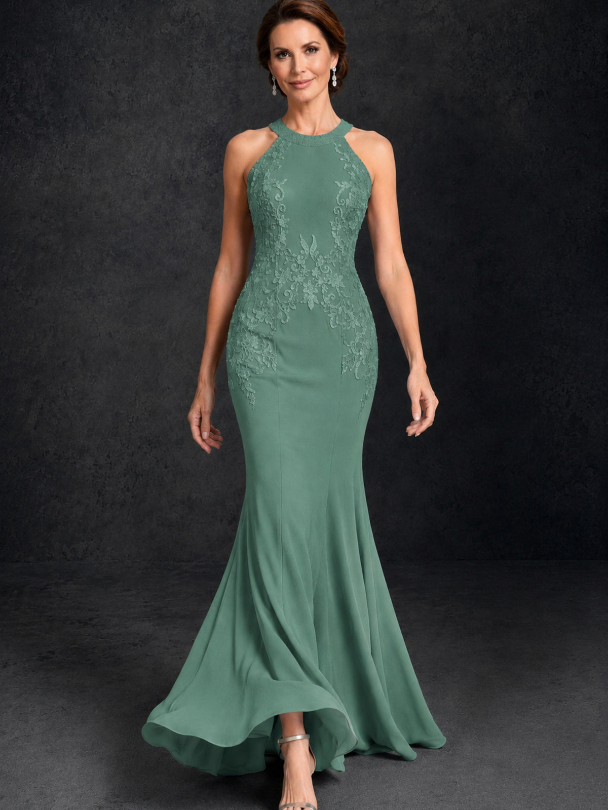 BOLODOO Eucalyptus Lace Applique Halter Neck Sheer Back Mermaid Maxi Dress with Sweep Train - Eucalyptus