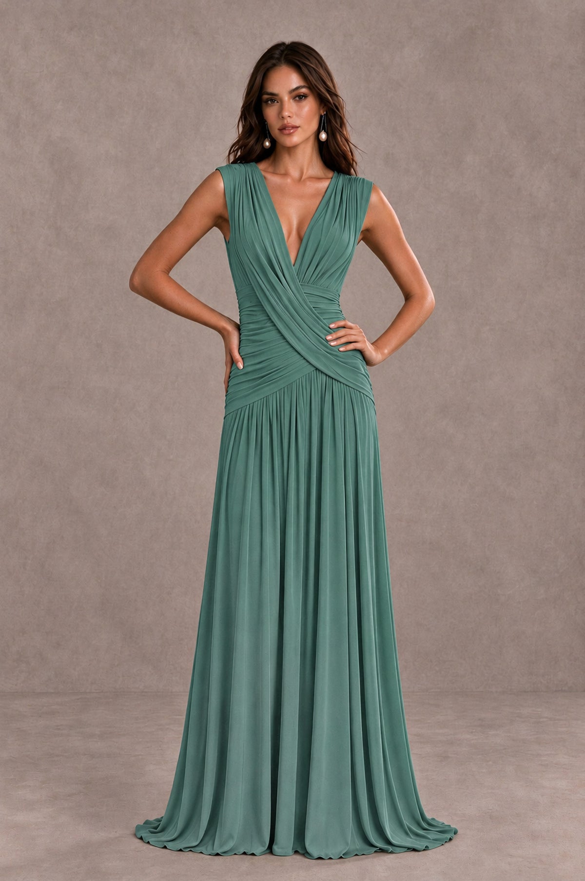 BOLODOO Eucalyptus V-Neck Ruched Wedding Guest Dress - Eucalyptus - Eucalyptus_3