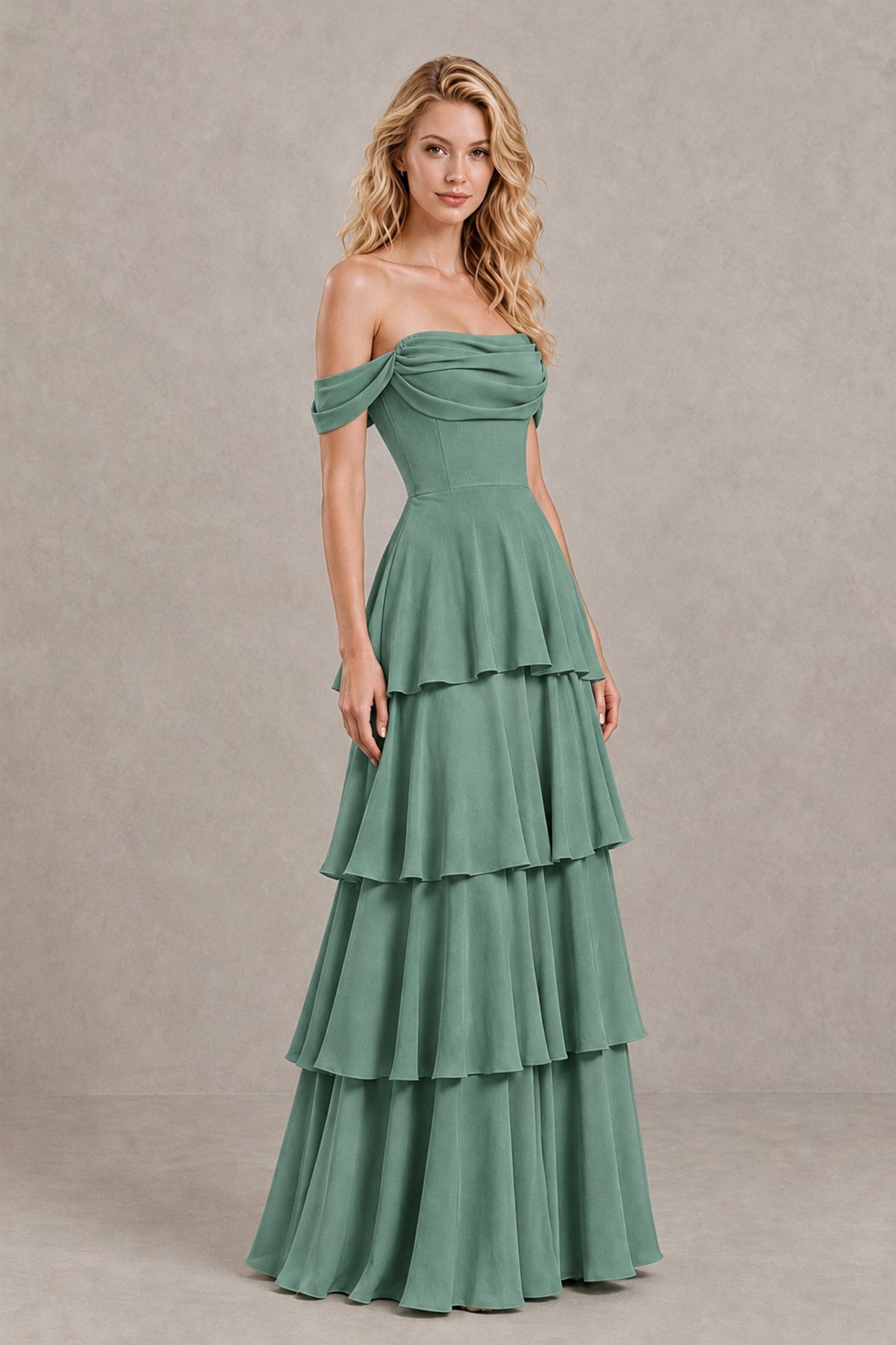 BOLODOO Eucalyptus Off-the-Shoulder Tiered A-Line Evening Bridesmaid Dress - Eucalyptus - Eucalyptus_3