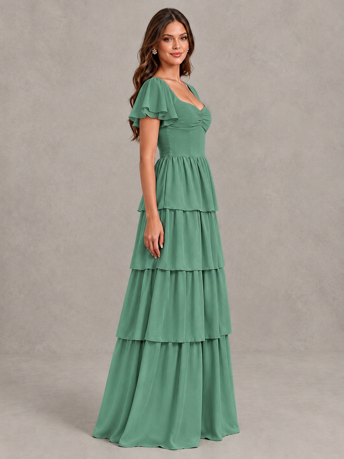 BOLODOO Eucalyptus Flutter Sleeve Tiered Maxi Bridesmaid Dress - Eucalyptus - Eucalyptus_3