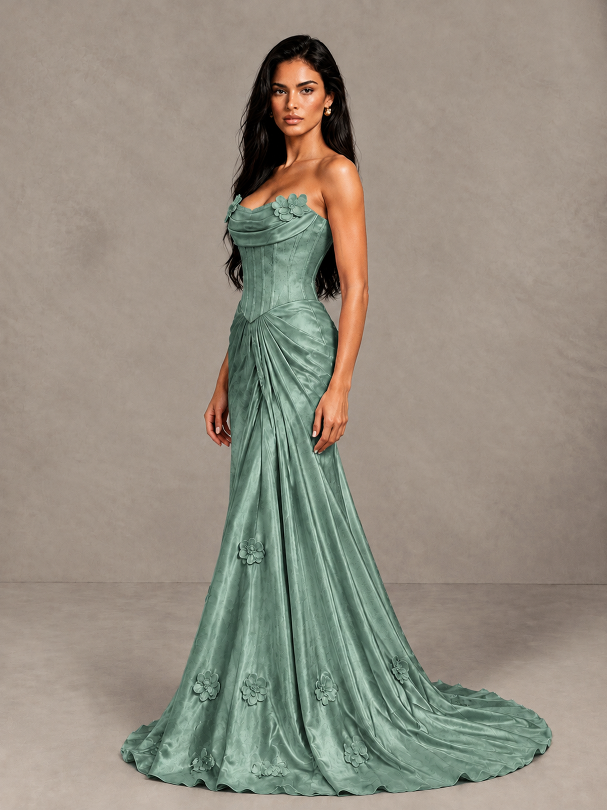 BOLODOO Eucalyptus Strapless Floral Corset Evening Gown with Train - Eucalyptus - Eucalyptus_3