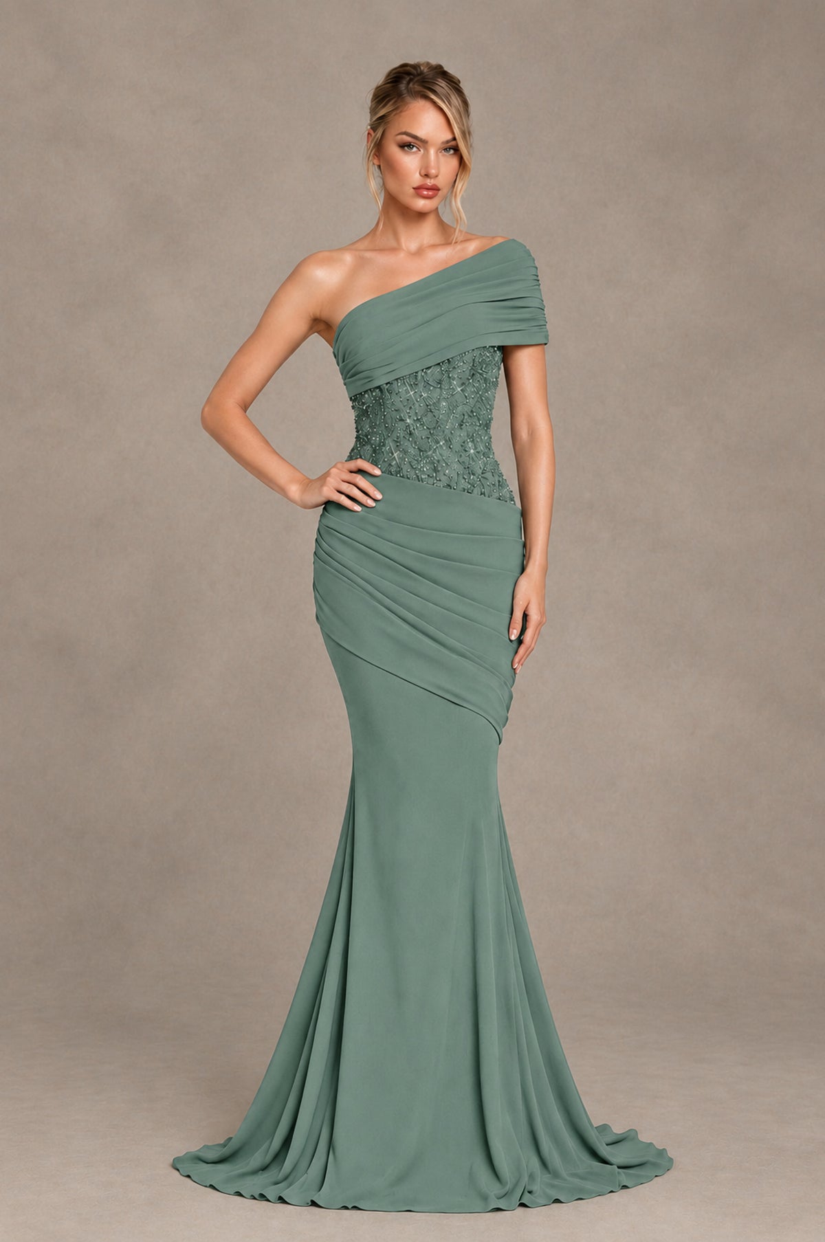 BOLODOO Eucalyptus One-Shoulder Sequin Embroidered Ruched Mermaid Gown with Train - Eucalyptus - Eucalyptus_3