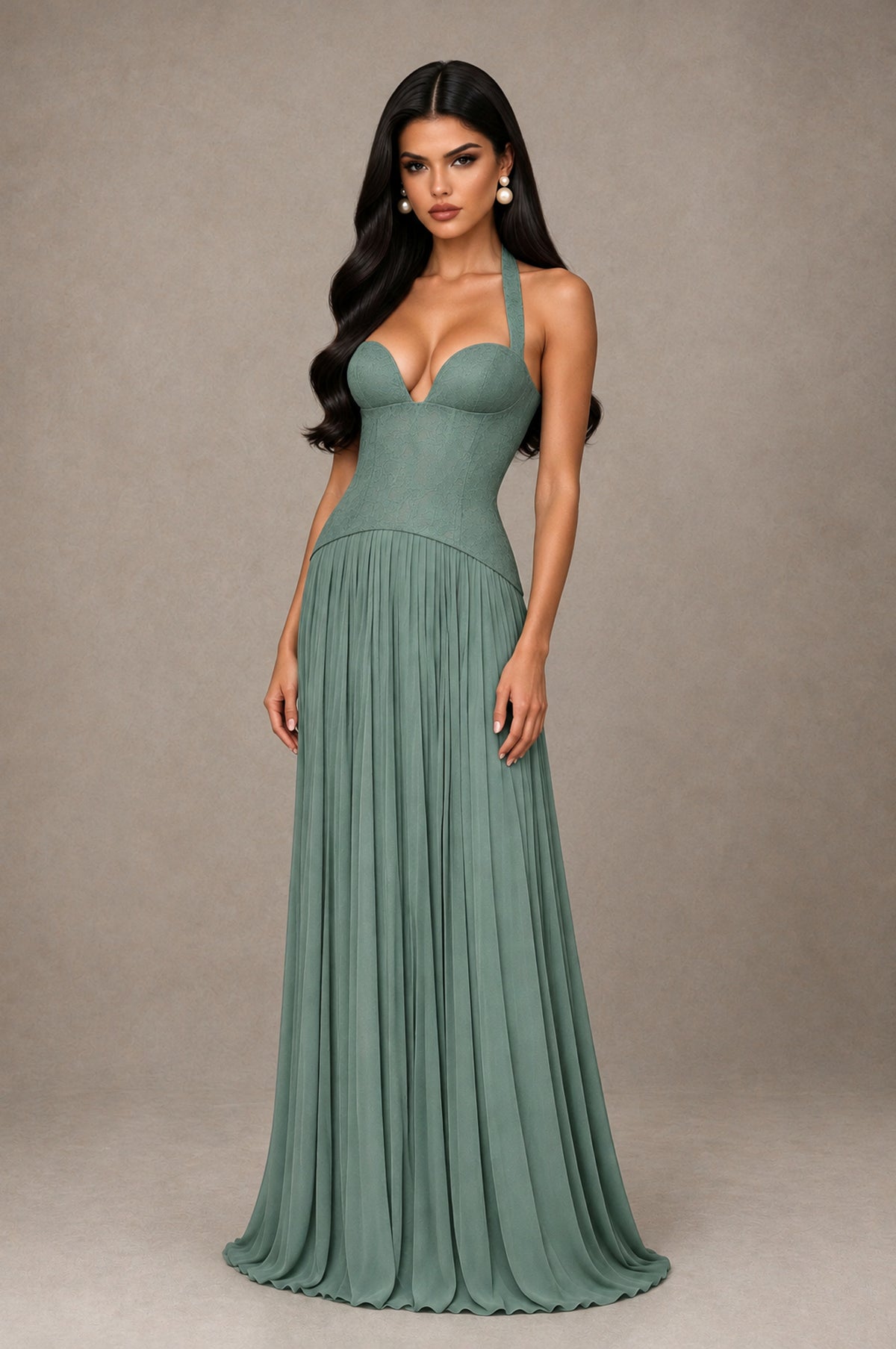 BOLODOO Eucalyptus Halter Corset Pleated A-Line Evening Dress - Eucalyptus - Eucalyptus_3