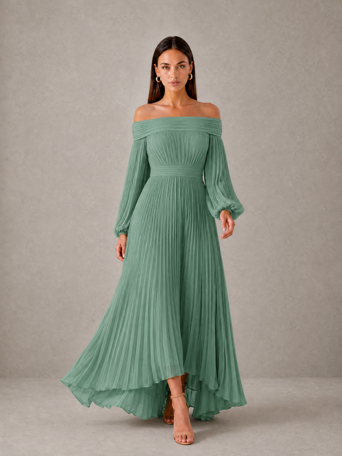 BOLODOO Eucalyptus Off-Shoulder Long Sleeve Pleated High-Low Dress - Eucalyptus - Eucalyptus_3