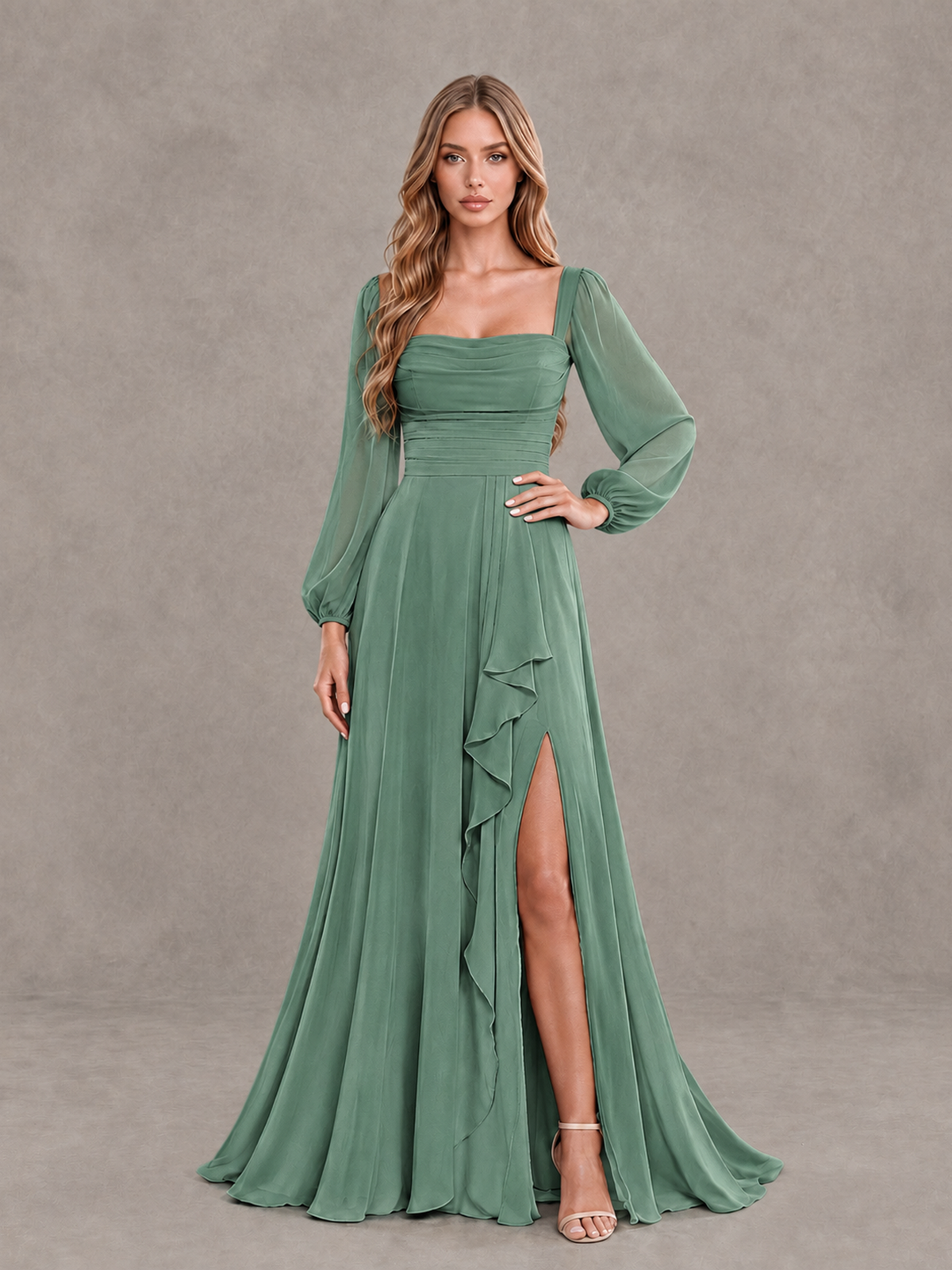 BOLODOO Eucalyptus Square Neck Long Sleeve Bridesmaid Dress with Ruffle Slit - Eucalyptus - Eucalyptus_3