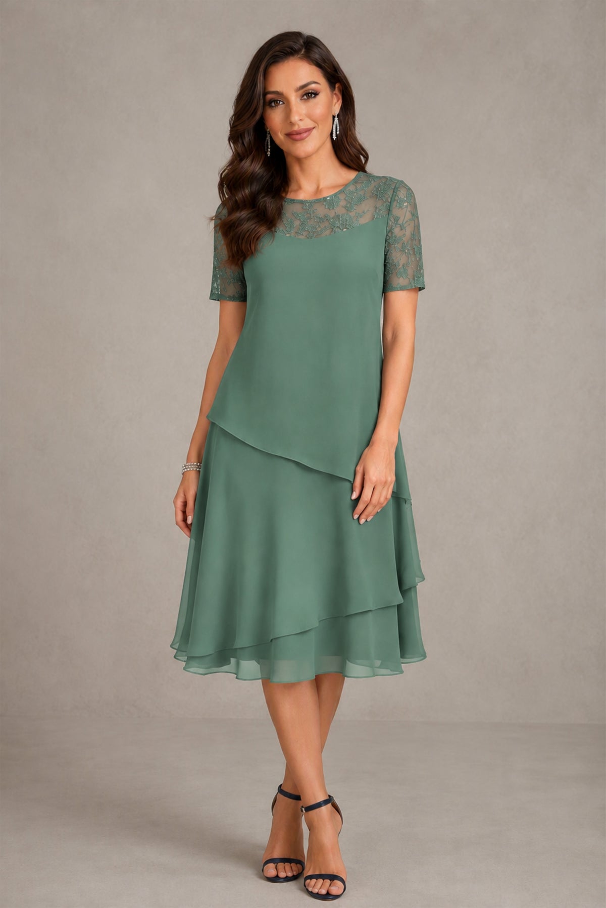BOLODOO Eucalyptus Illusion Lace Short Sleeve Tiered Chiffon Tea Length Dress | Mother of the Bride Midi Dress - Eucalyptus