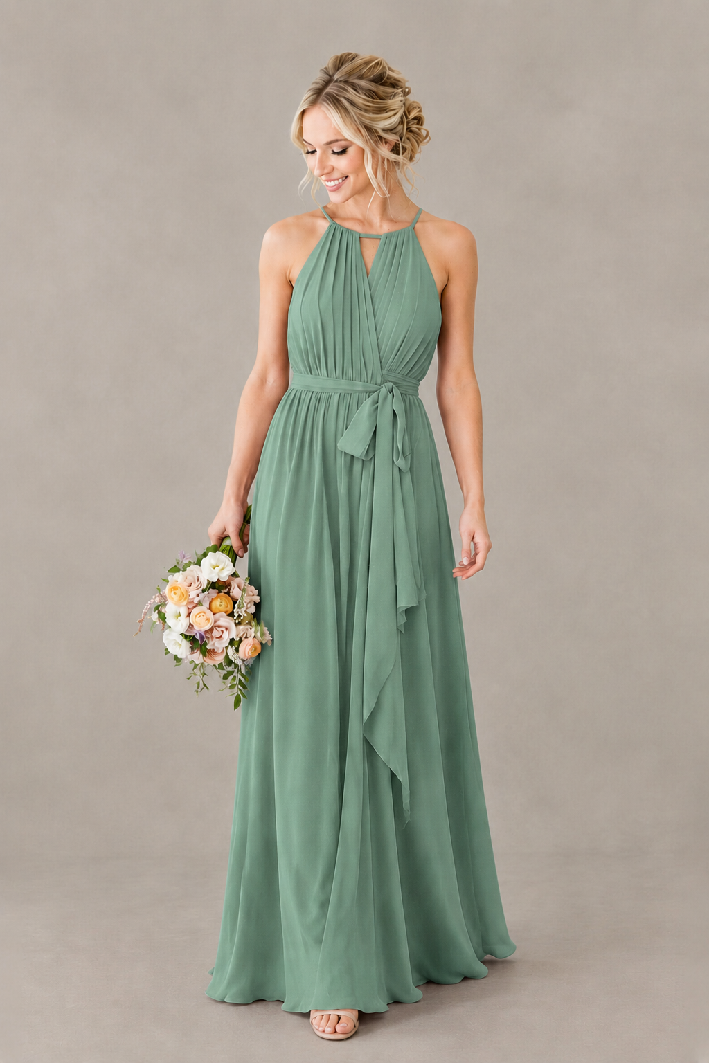 BOLODOO Eucalyptus Halter Chiffon Bridesmaid Dress with High Slit - Eucalyptus