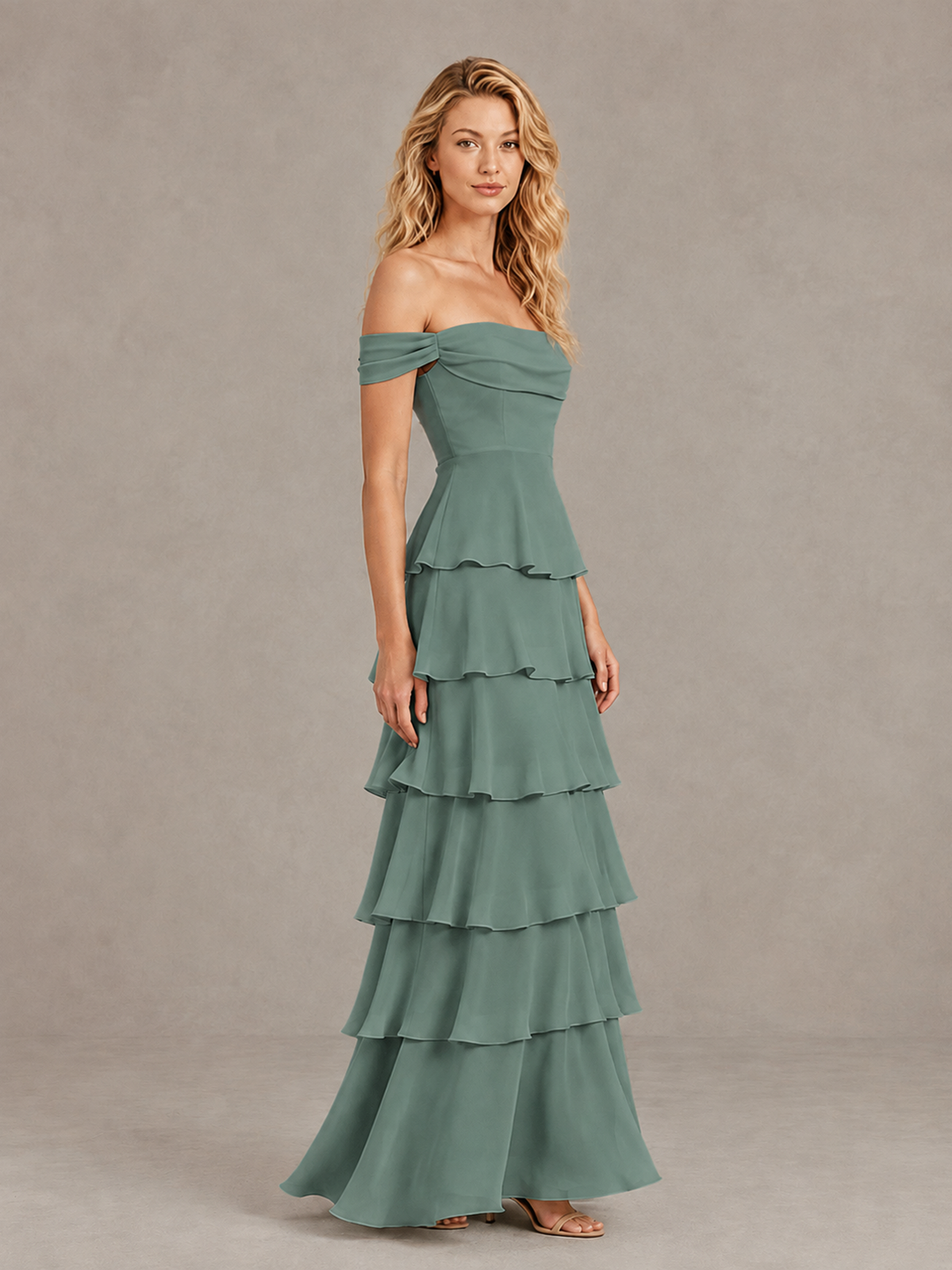 BOLODOO Eucalyptus Off-Shoulder Tiered Ruffle Bridesmaid Dress with Lace-Up Back - Eucalyptus - Eucalyptus_4