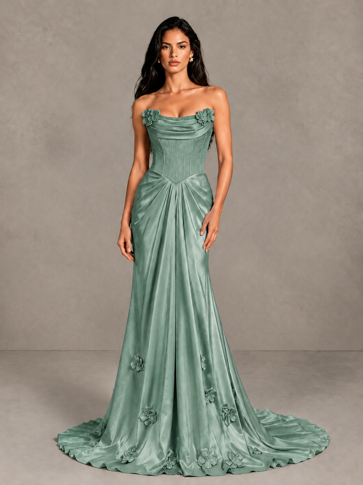 BOLODOO Eucalyptus Strapless Floral Corset Evening Gown with Train - Eucalyptus - Eucalyptus_4
