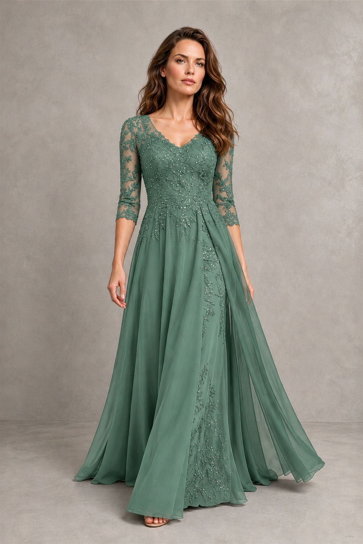 BOLODOO Midnight Eucalyptus Beaded Lace Appliqué Chiffon A-Line Gown | Mother of the Bride & Formal Evening Dress - Eucalyptus - Eucalyptus_4