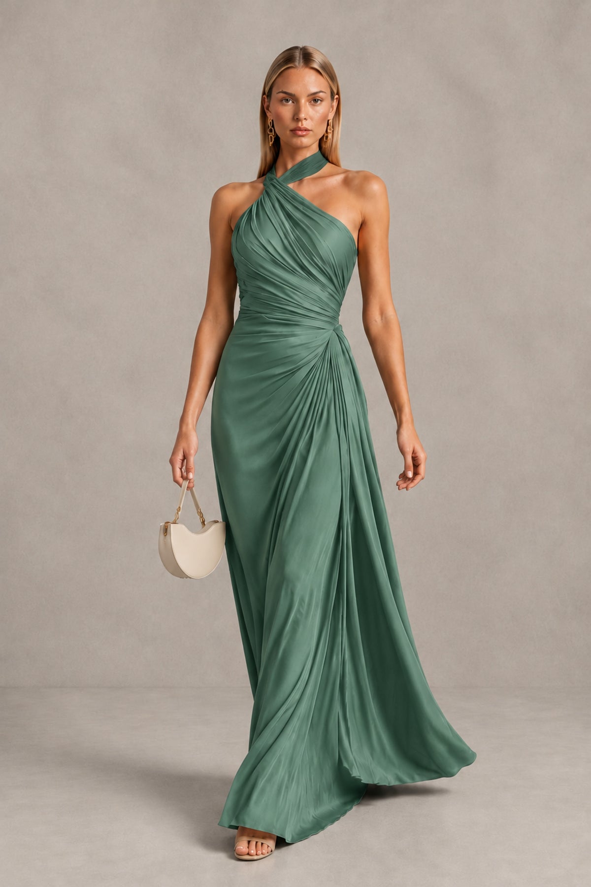 BOLODOO Eucalyptus Twisted Halter Neck Ruched Sleeveless Open Back Floor-Length Gown - Eucalyptus - Eucalyptus_4