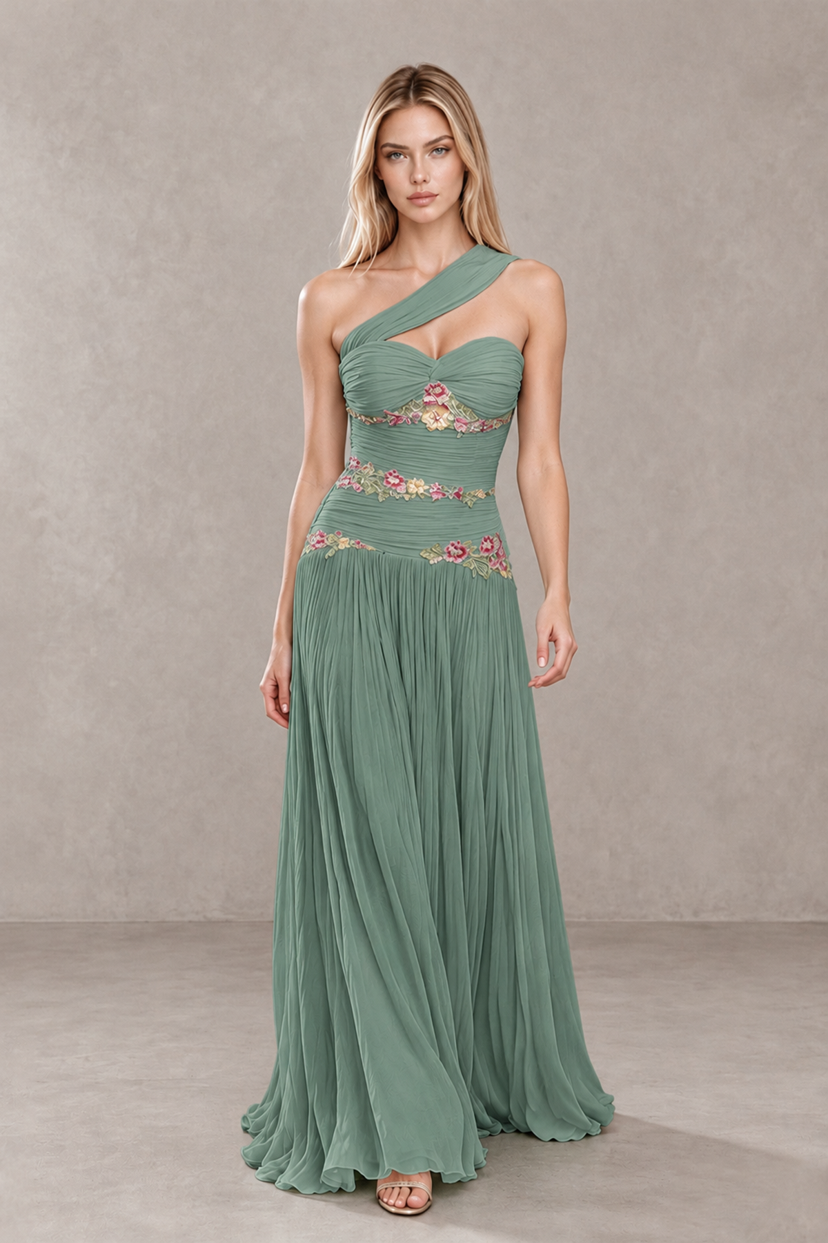 BOLODOO Eucalyptus One-Shoulder Floral Applique A-Line Evening Dress - Eucalyptus - Eucalyptus_4