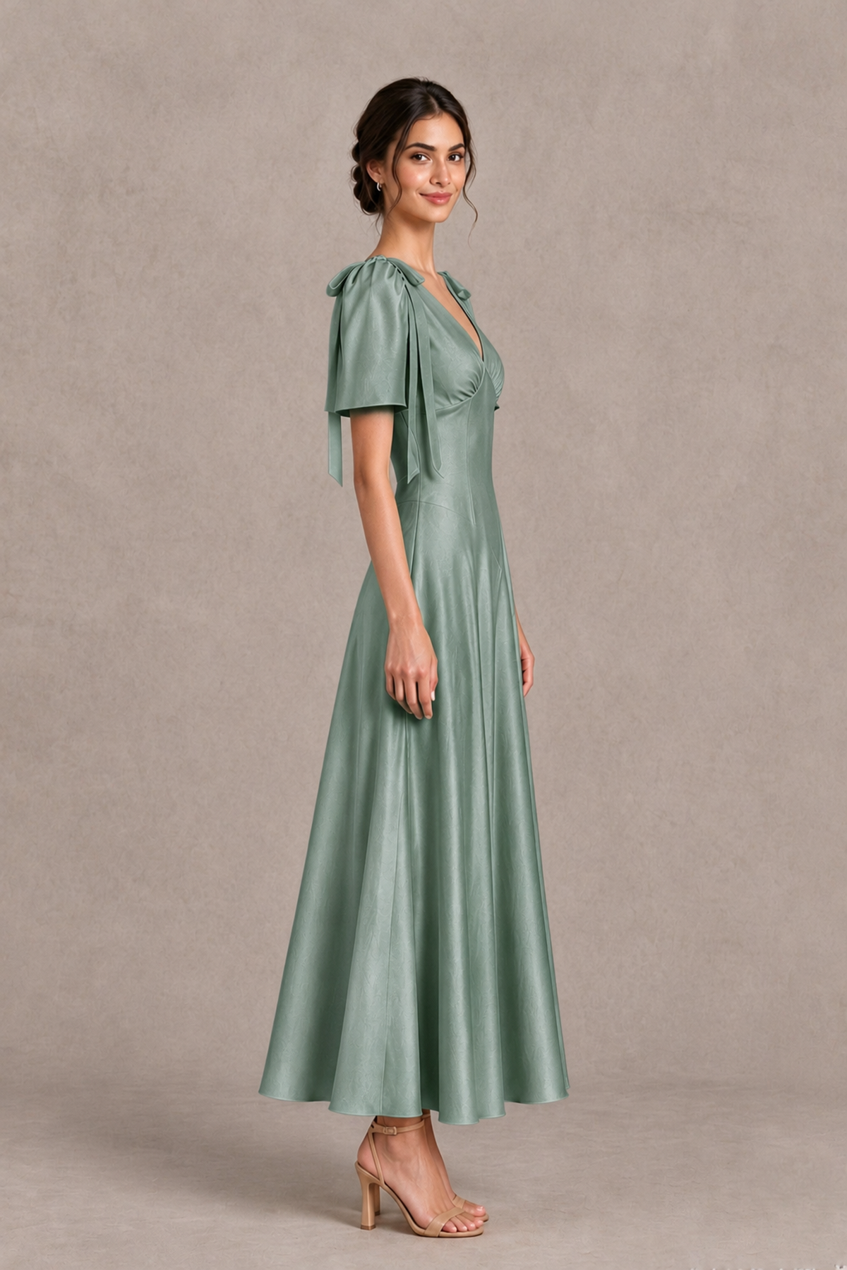 BOLODOO Eucalyptus V-Neck Short Sleeve Satin-Look Bridesmaid Dress with Shoulder Bows - Eucalyptus - Eucalyptus_4