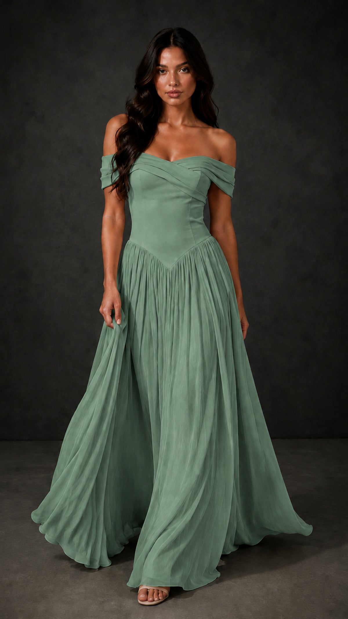 BOLODOO Eucalyptus Off-Shoulder Sweetheart Corset Pleated Chiffon Maxi Dress - Eucalyptus