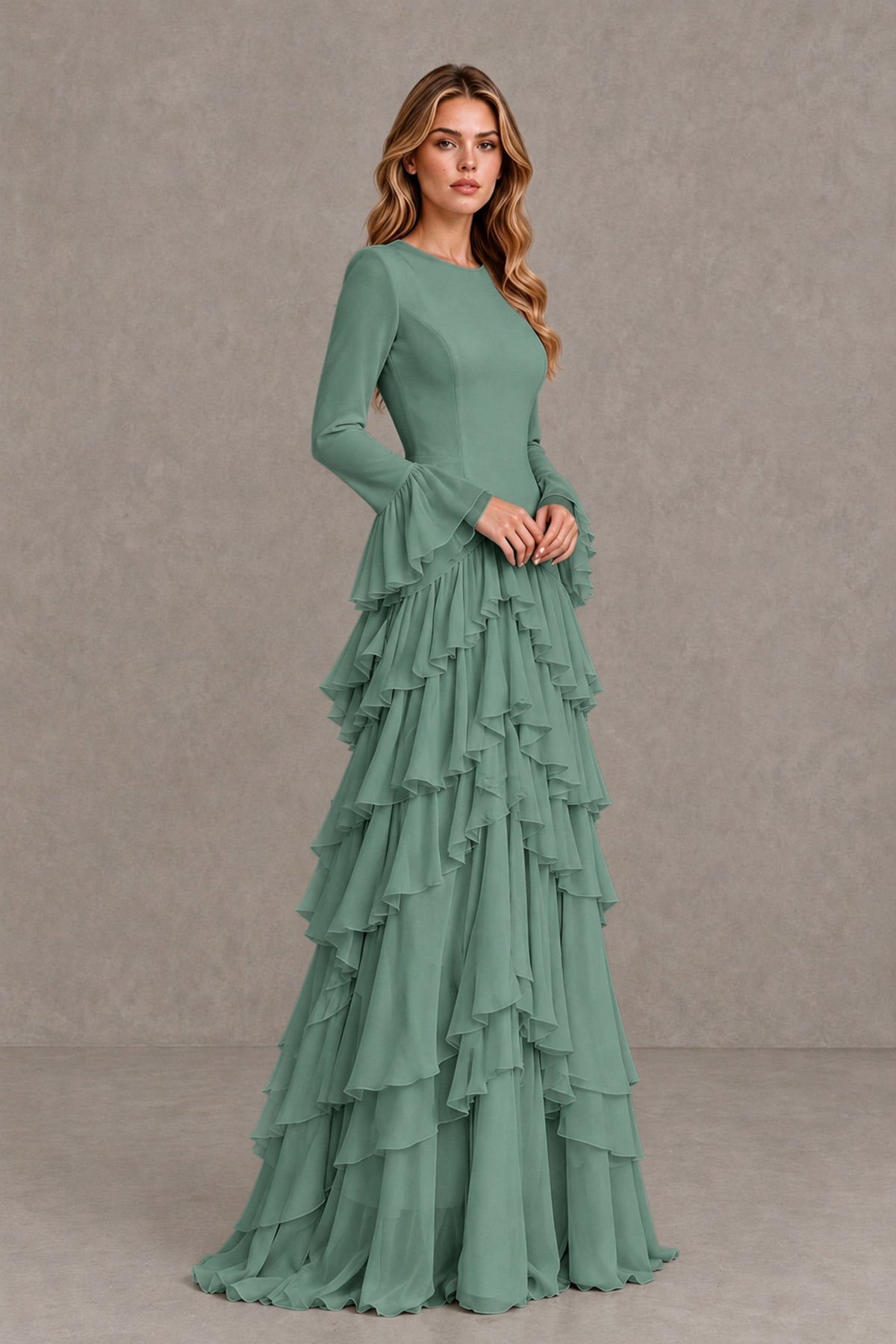Eucalyptus Long Sleeve Tiered Ruffle Evening Gown - Eucalyptus - Eucalyptus_4
