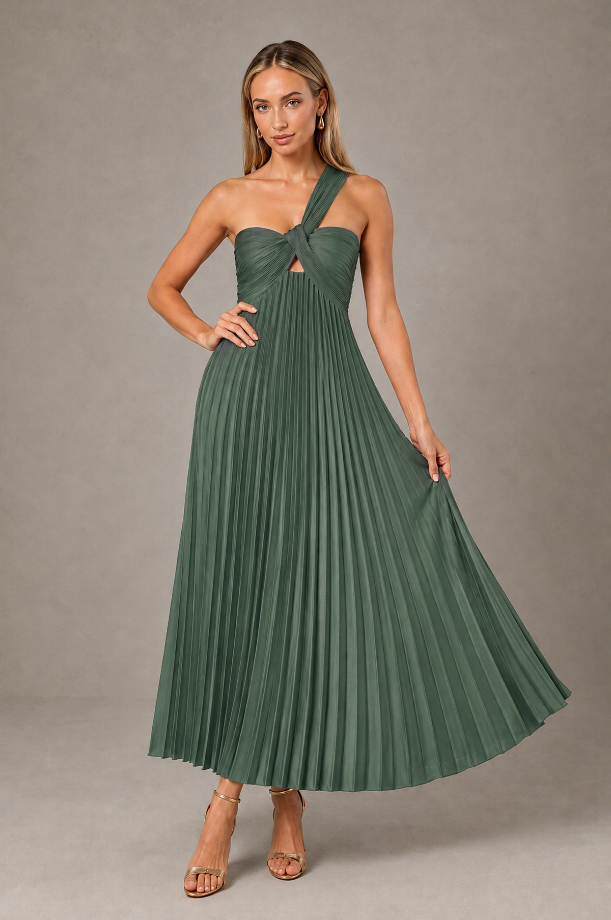 BOLODOO Eucalyptus One-Shoulder Twist Knot Pleated Satin Midi Dress with Cutout - Eucalyptus - Eucalyptus_4