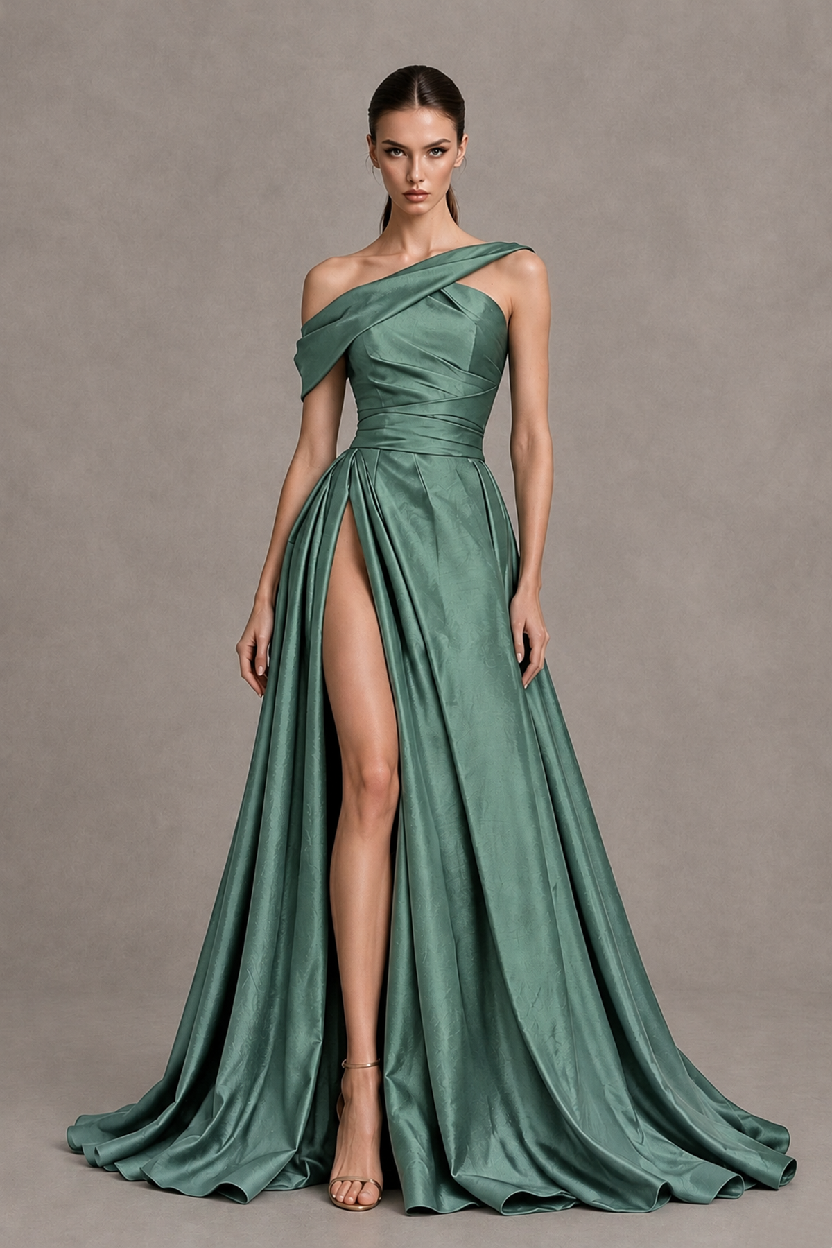 BOLODOO Eucalyptus Asymmetric Satin-Look A-Line Prom Dress with High Slit - Eucalyptus - Eucalyptus_4