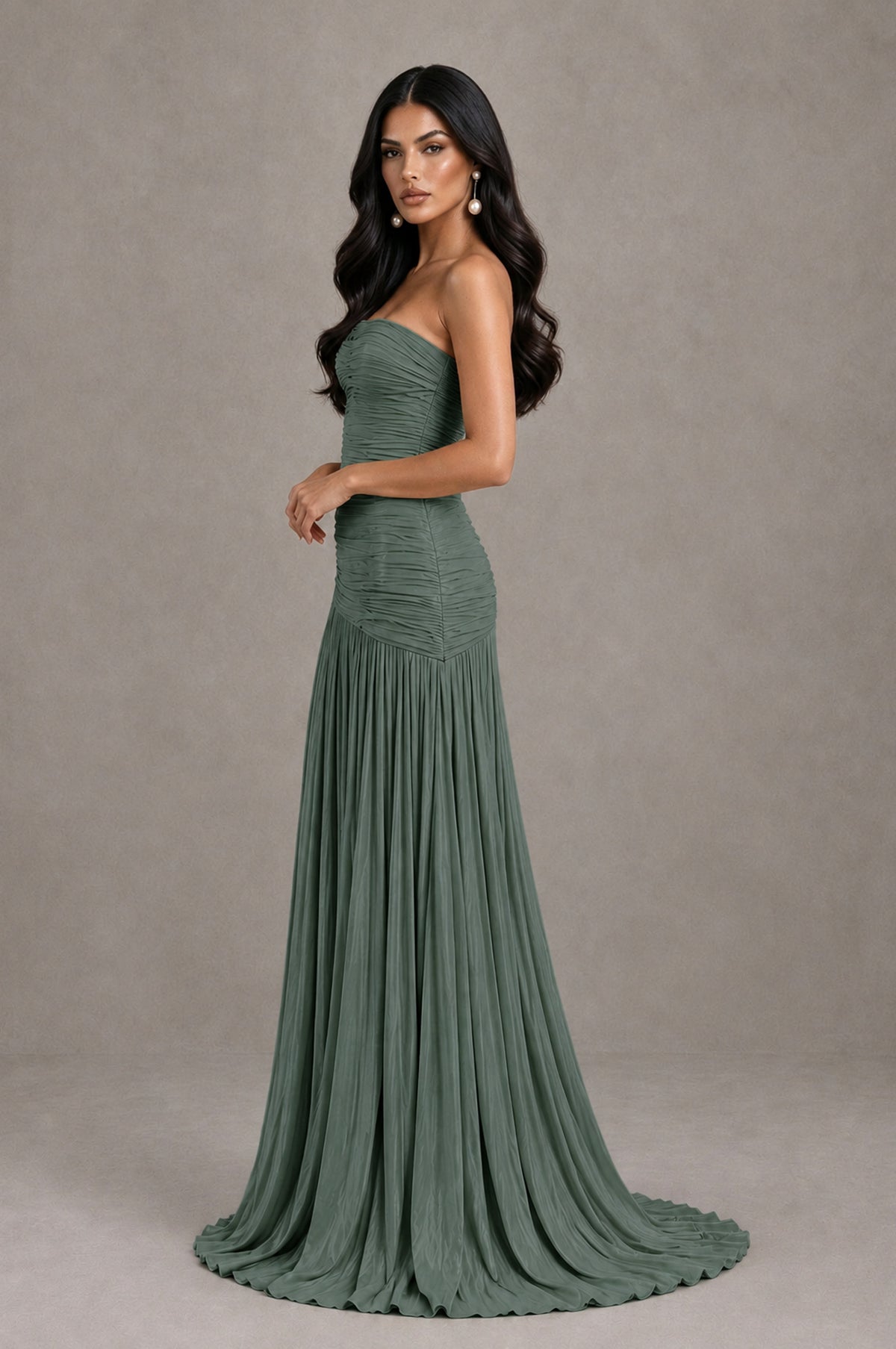 BOLODOO Eucalyptus Metallic Ruched Strapless Pleated A-Line Backless Maxi Dress with Train - Eucalyptus - Eucalyptus_4