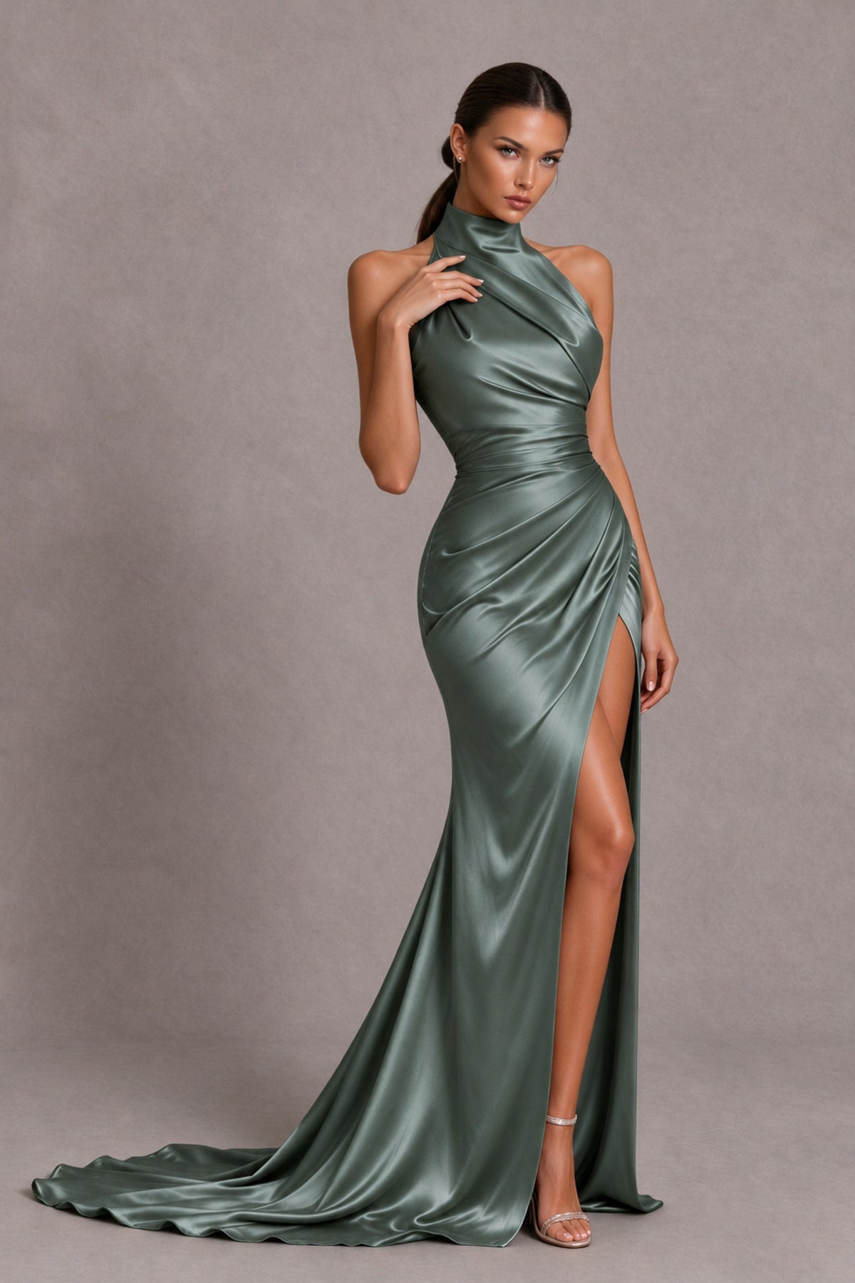 BOLODOO Eucalyptus Halter Satin-Look Evening Gown with High Slit - Eucalyptus - Eucalyptus_4