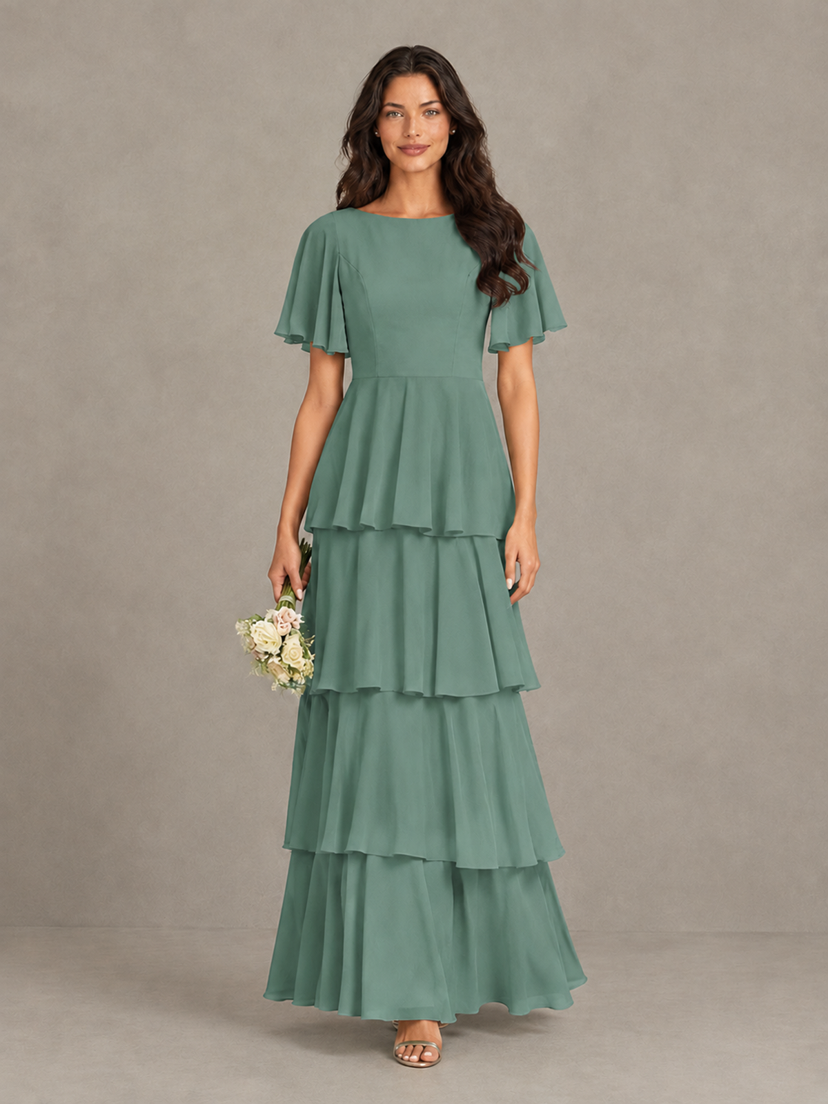 BOLODOO Eucalyptus Tiered Flutter Sleeve Bridesmaid Dress - Eucalyptus - Eucalyptus_4